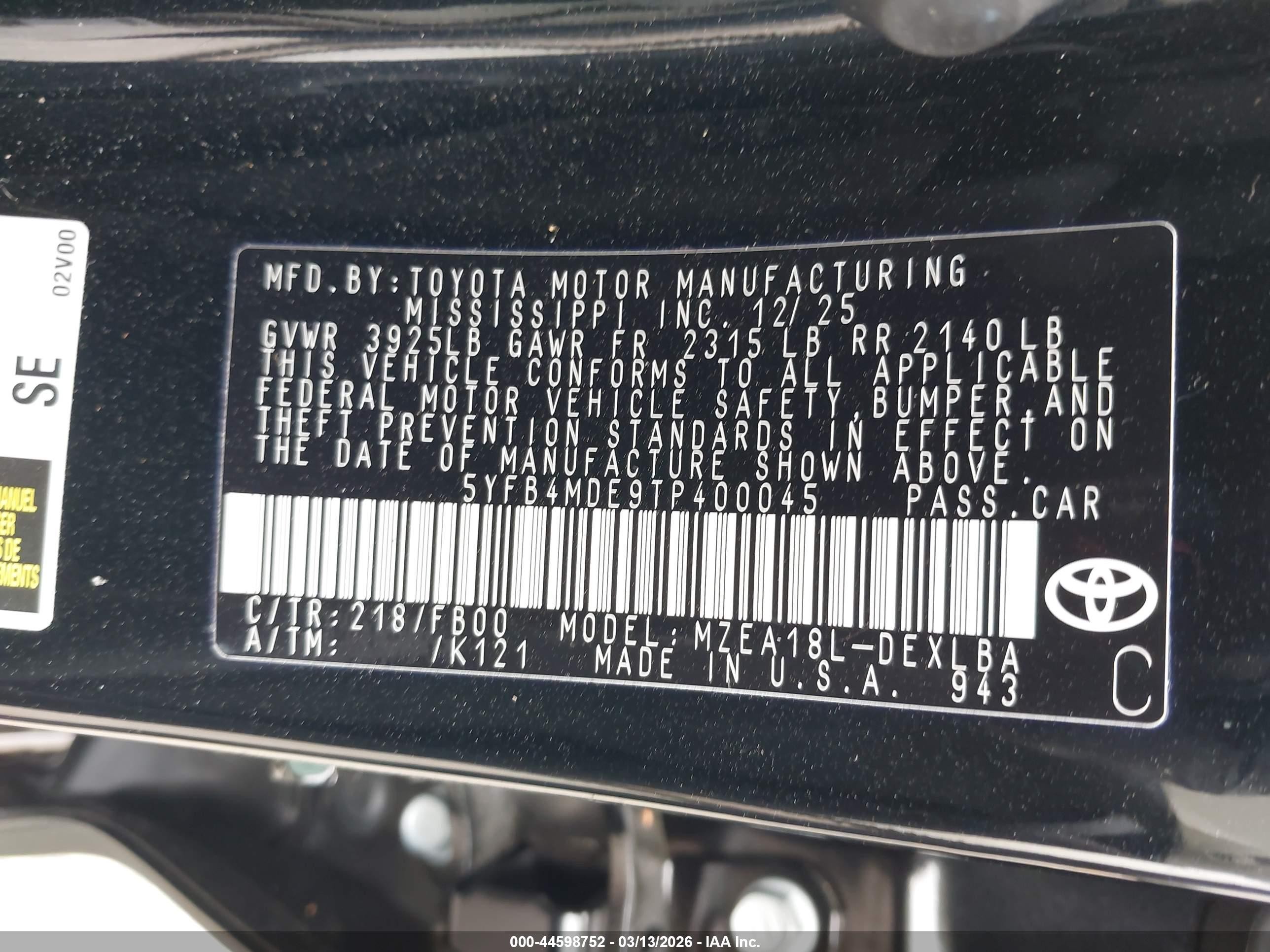 2026 Toyota Corolla Le Black vin: 5YFB4MDE9TP400045