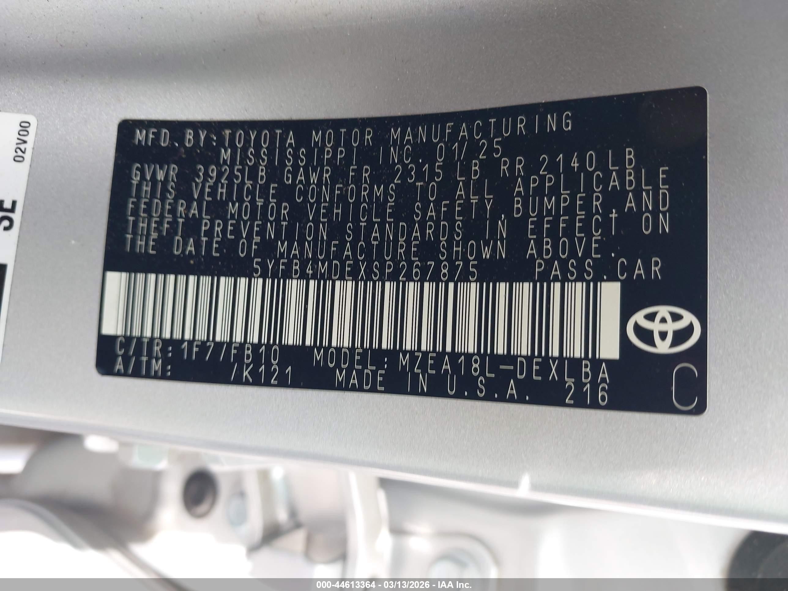 2025 Toyota Corolla Le Silver vin: 5YFB4MDEXSP267875