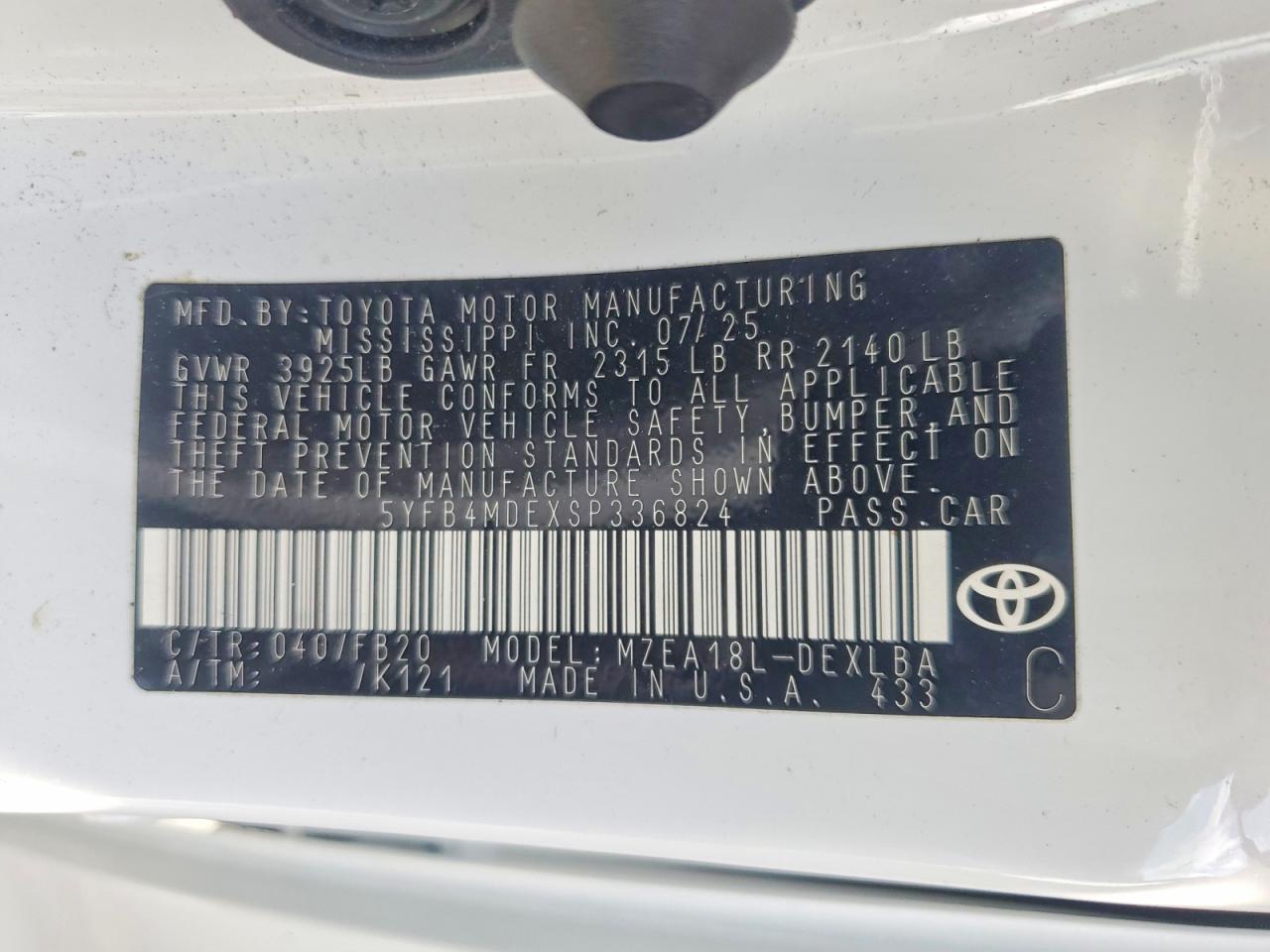 2025 Toyota Corolla Le White vin: 5YFB4MDEXSP336824