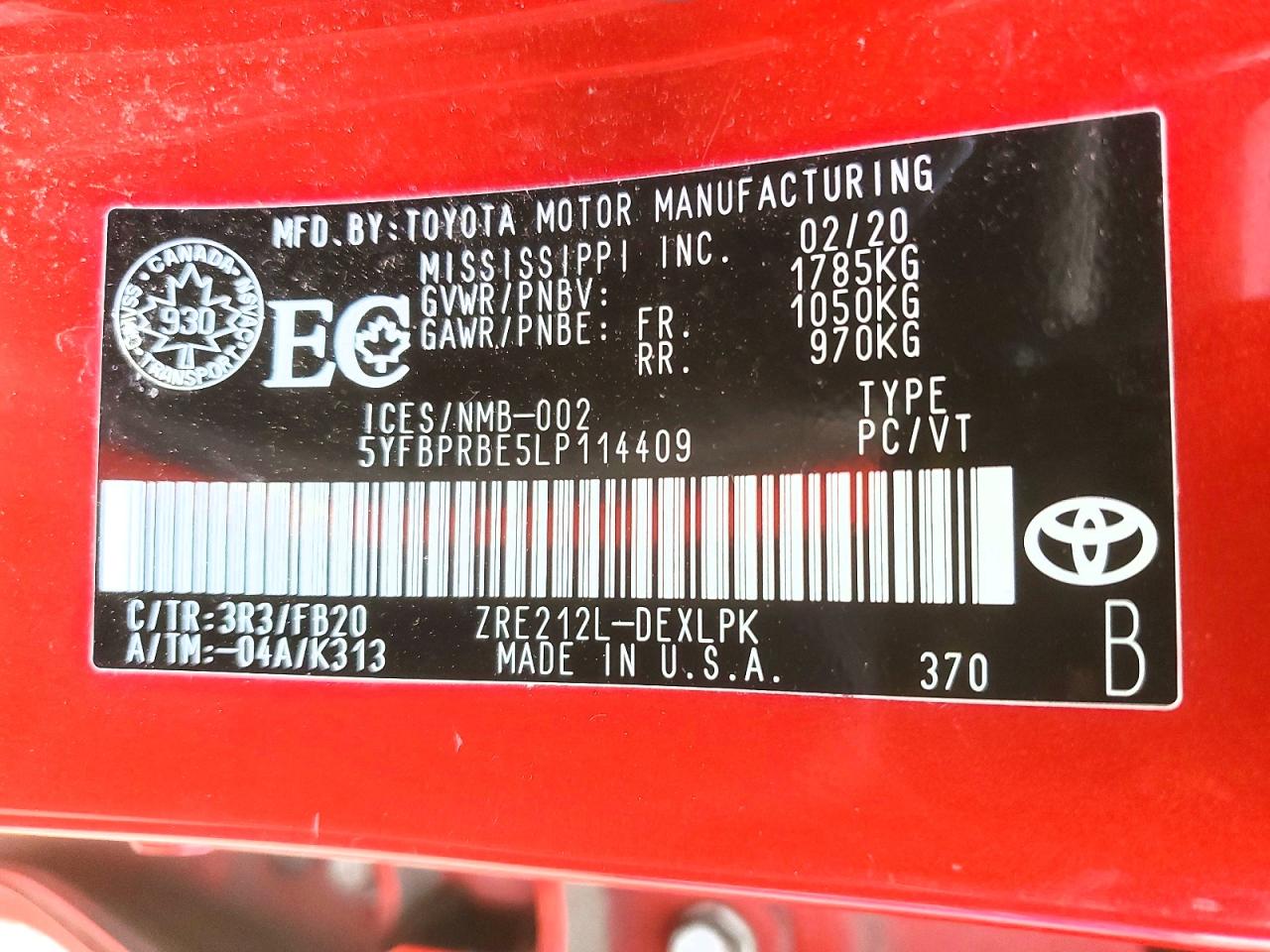 2020 Toyota Corolla Le Red vin: 5YFBPRBE5LP114409