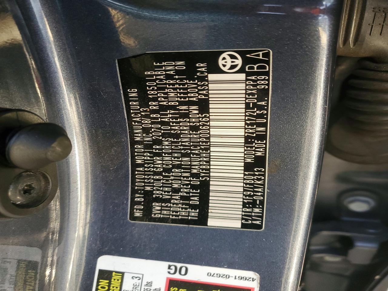 2014 Toyota Corolla Eco Gray vin: 5YFBPRHE1EP006265
