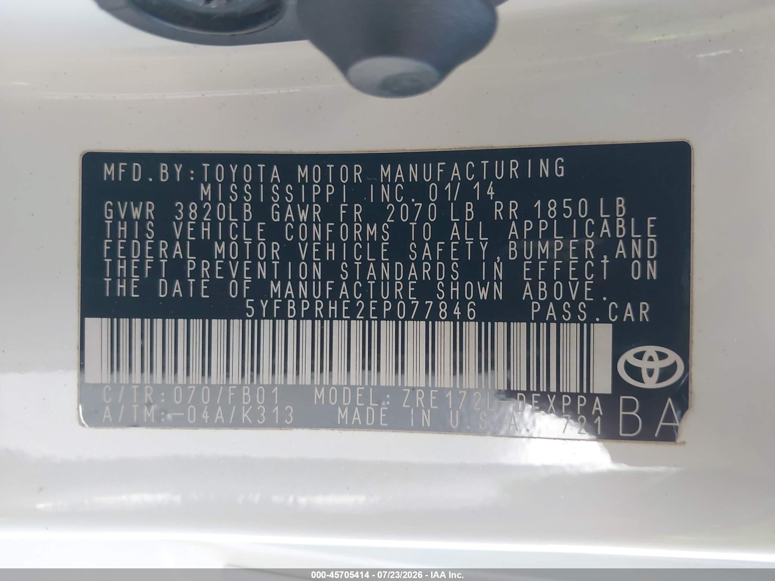 2014 Toyota Corolla Le Eco Plus White vin: 5YFBPRHE2EP077846