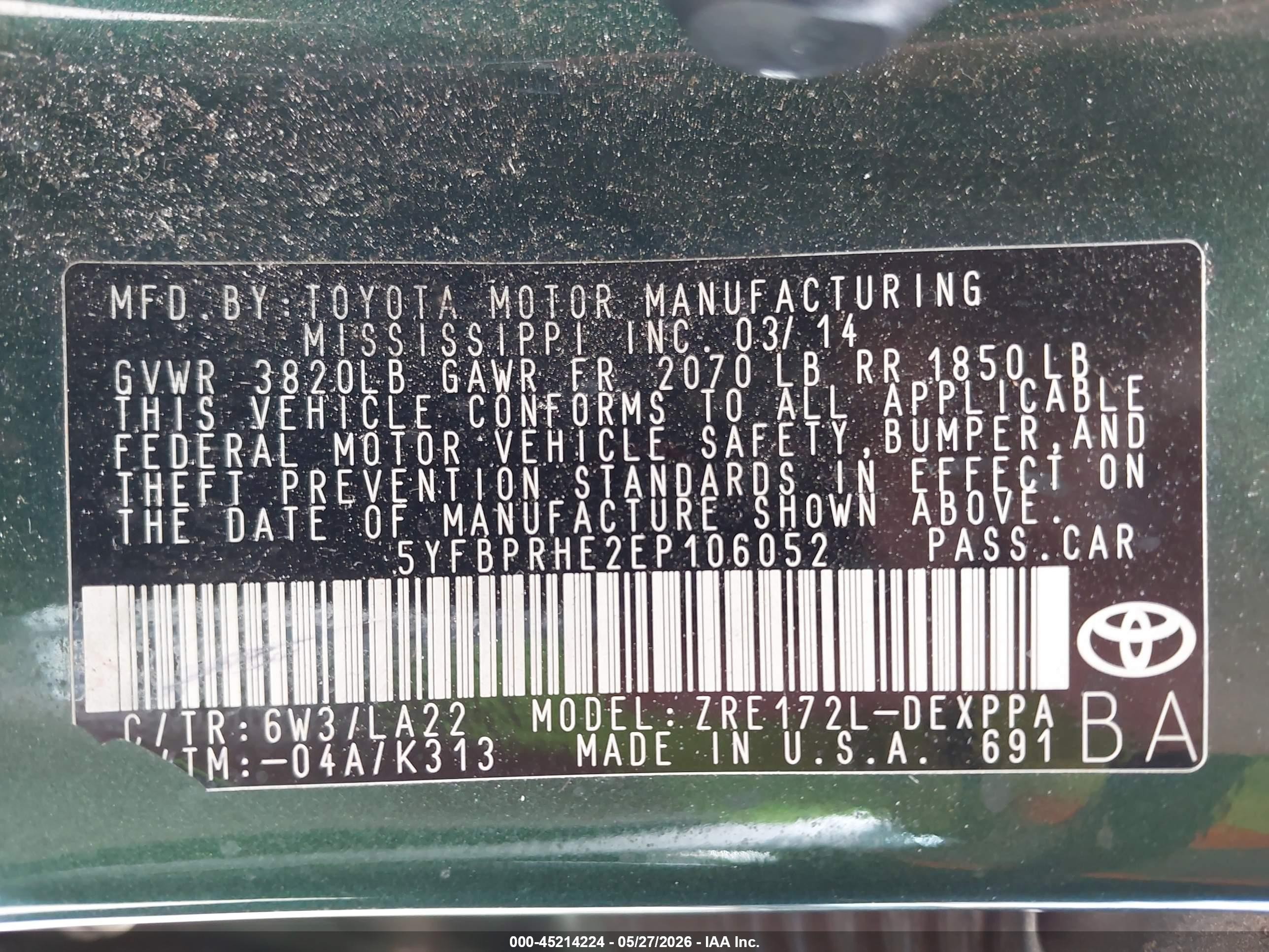 2014 Toyota Corolla Le Eco Premium Green vin: 5YFBPRHE2EP106052