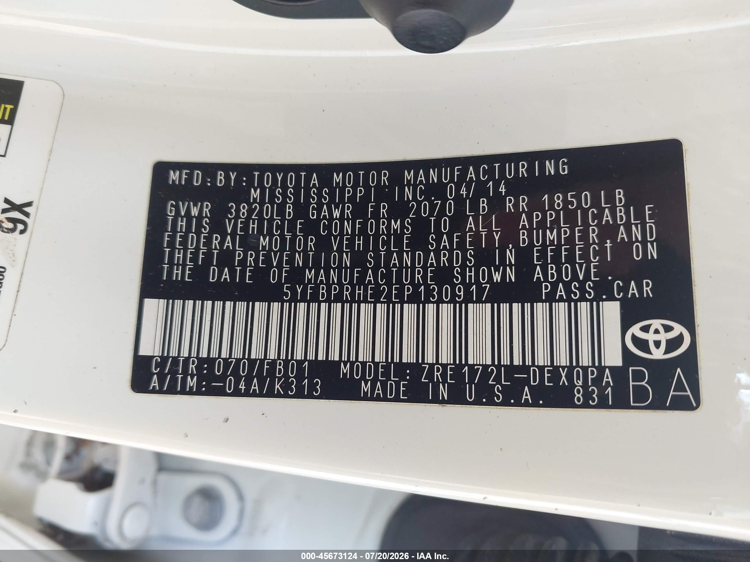 2014 Toyota Corolla Le Eco White vin: 5YFBPRHE2EP130917