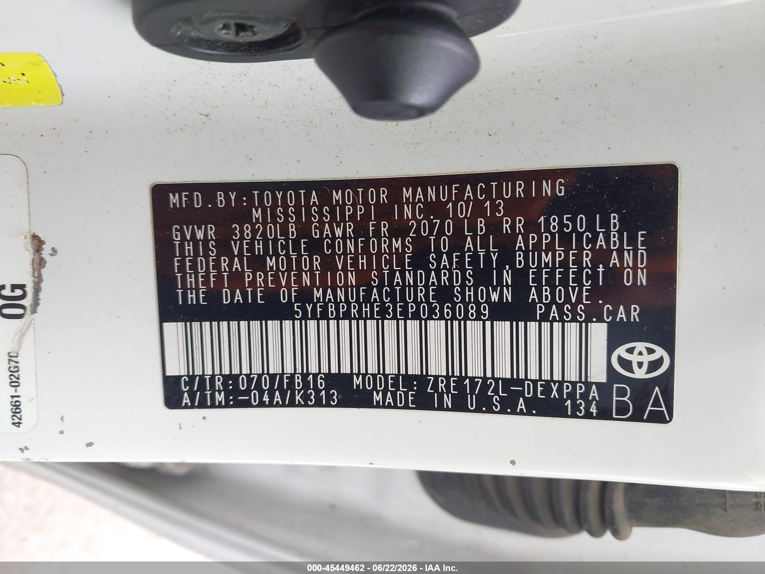 2014 Toyota Corolla Le Eco Plus White vin: 5YFBPRHE3EP036089