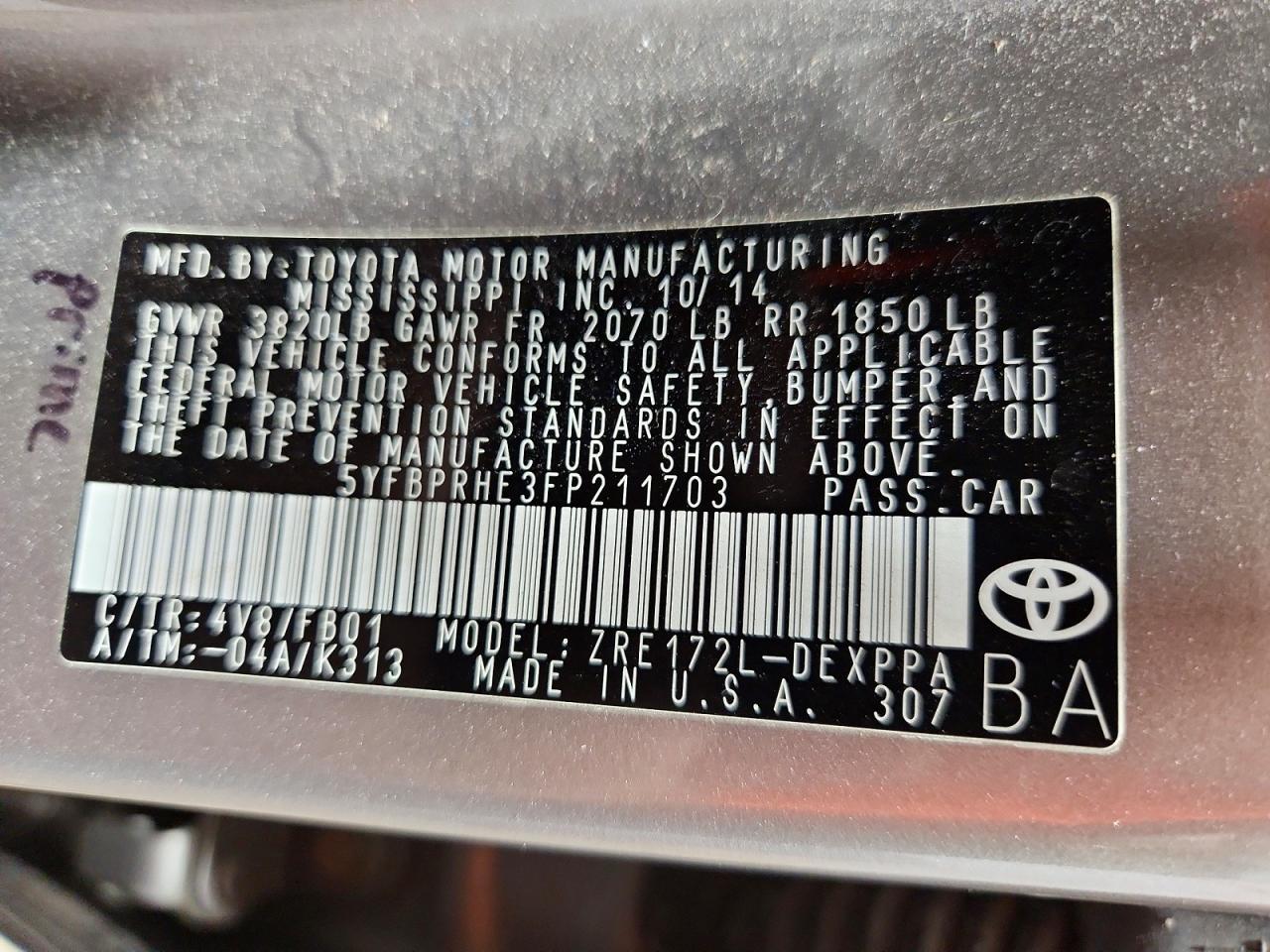 2015 Toyota Corolla Le Eco Plus Tan vin: 5YFBPRHE3FP211703