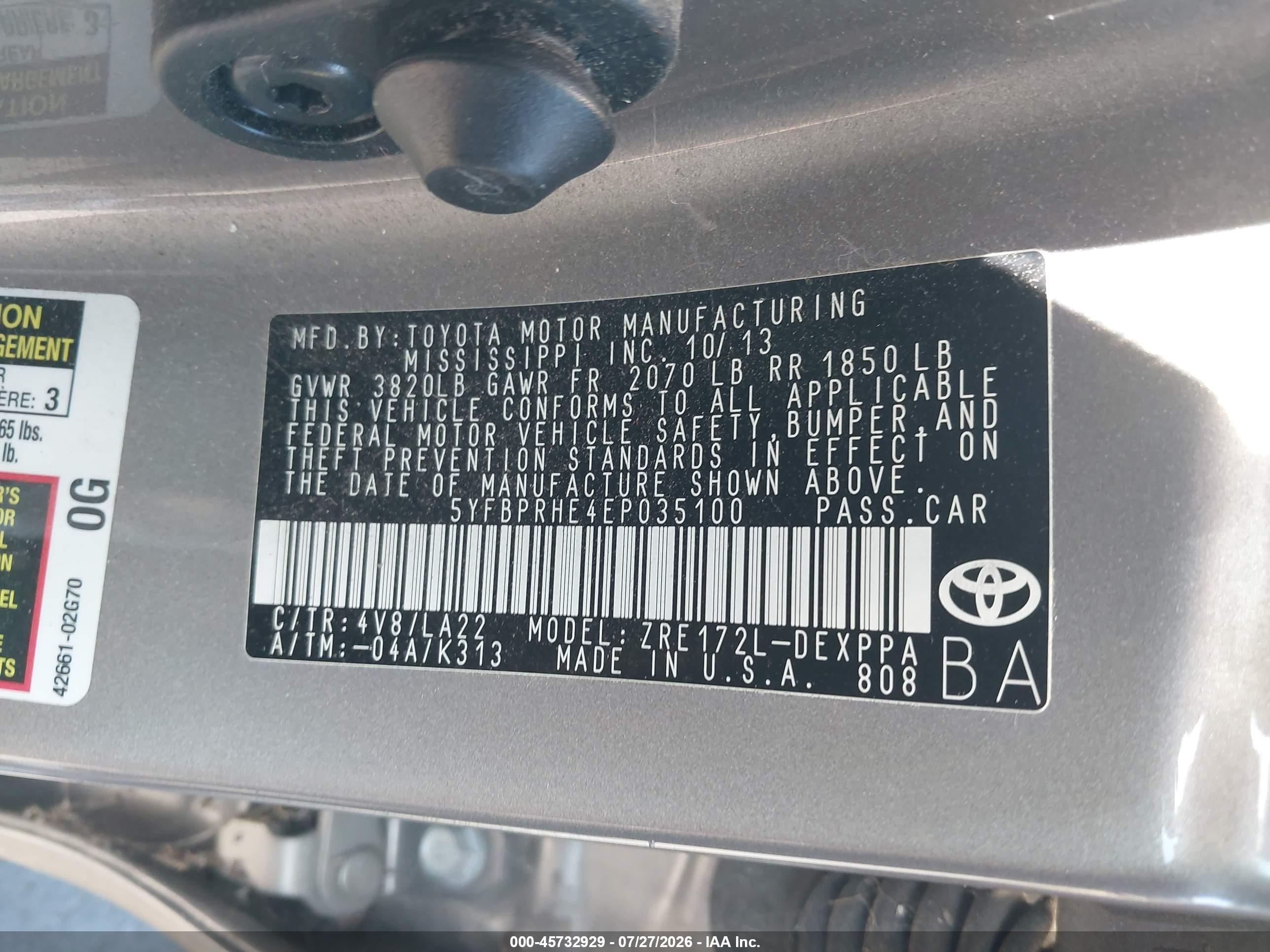2014 Toyota Corolla Le Eco Premium Gray vin: 5YFBPRHE4EP035100