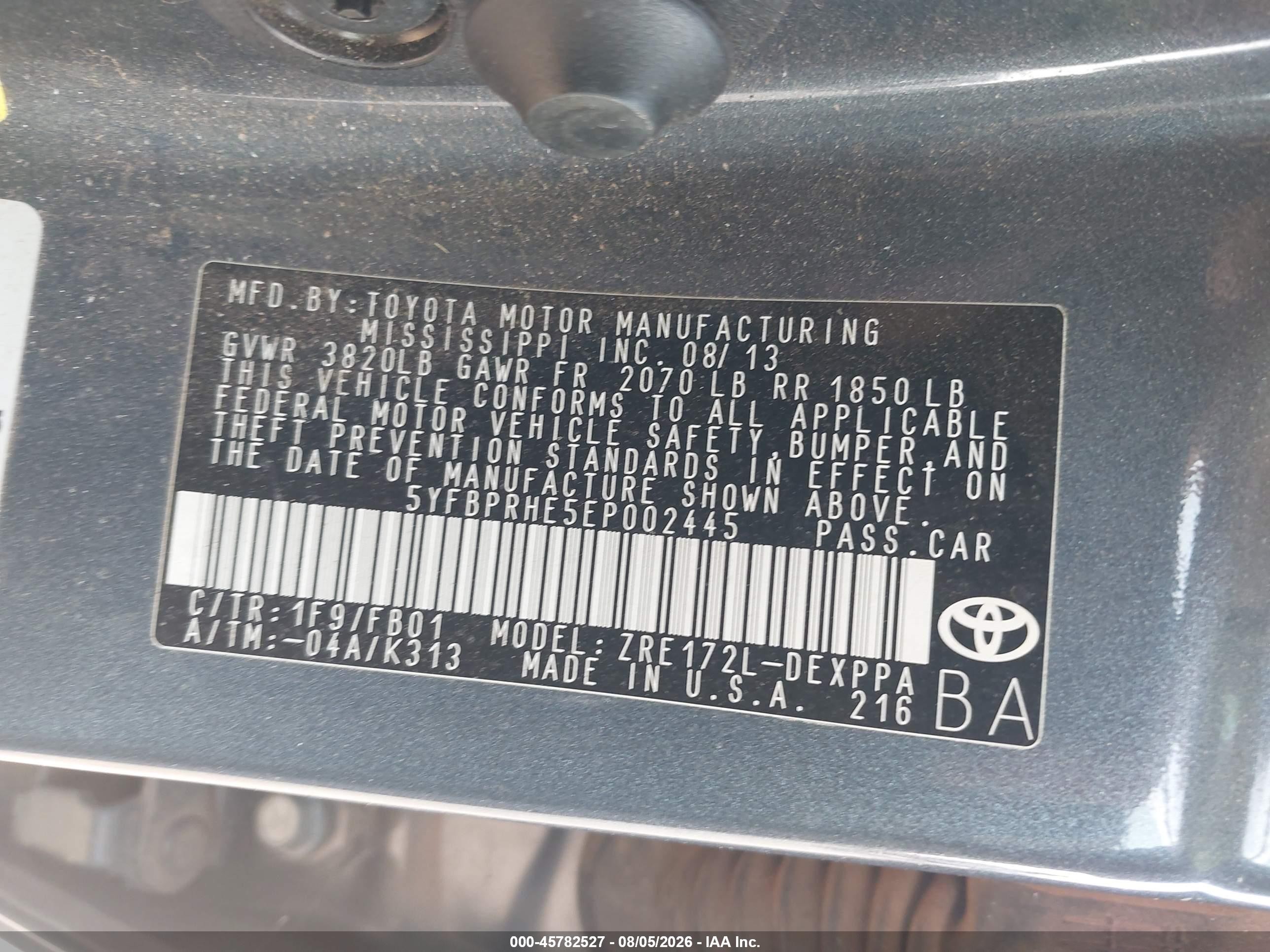 2014 Toyota Corolla Le Eco Plus Blue vin: 5YFBPRHE5EP002445