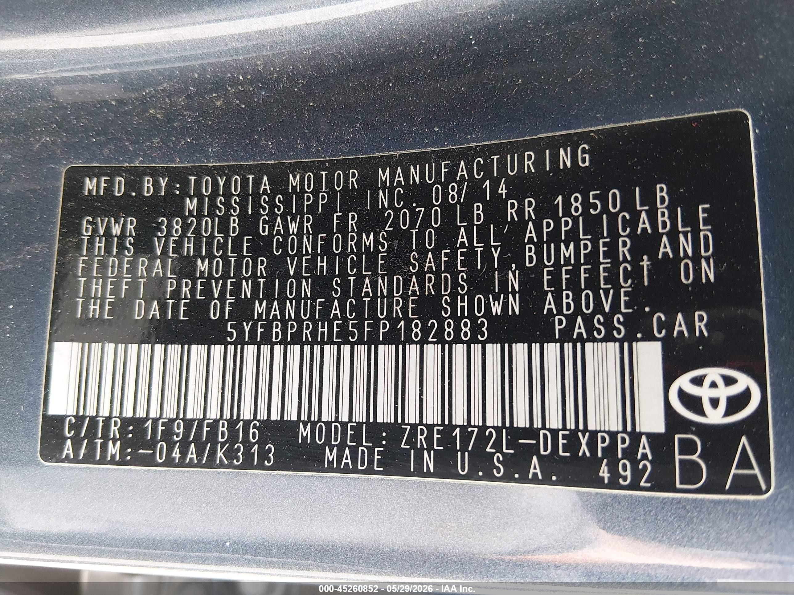 2015 Toyota Corolla Le Eco Plus Gray vin: 5YFBPRHE5FP182883