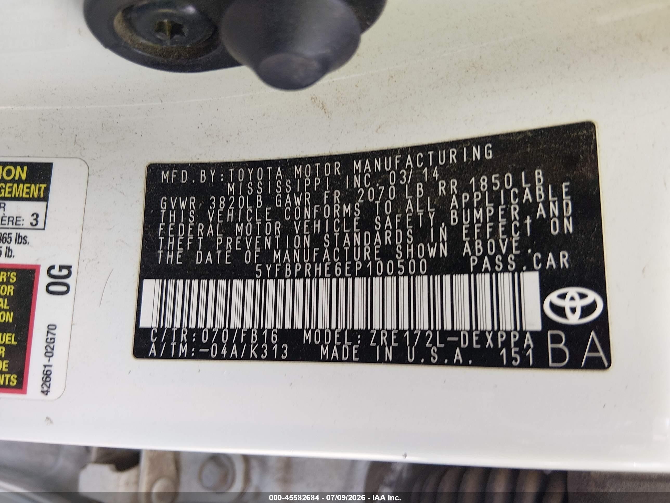 2014 Toyota Corolla Le Eco Plus White vin: 5YFBPRHE6EP100500