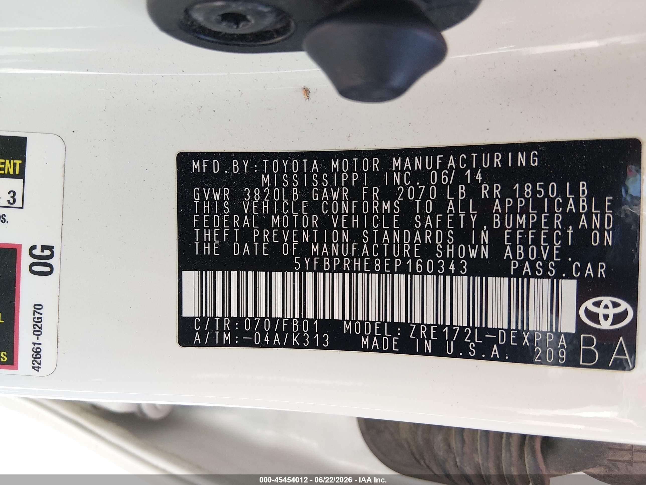 2014 Toyota Corolla Le Eco Plus White vin: 5YFBPRHE8EP160343