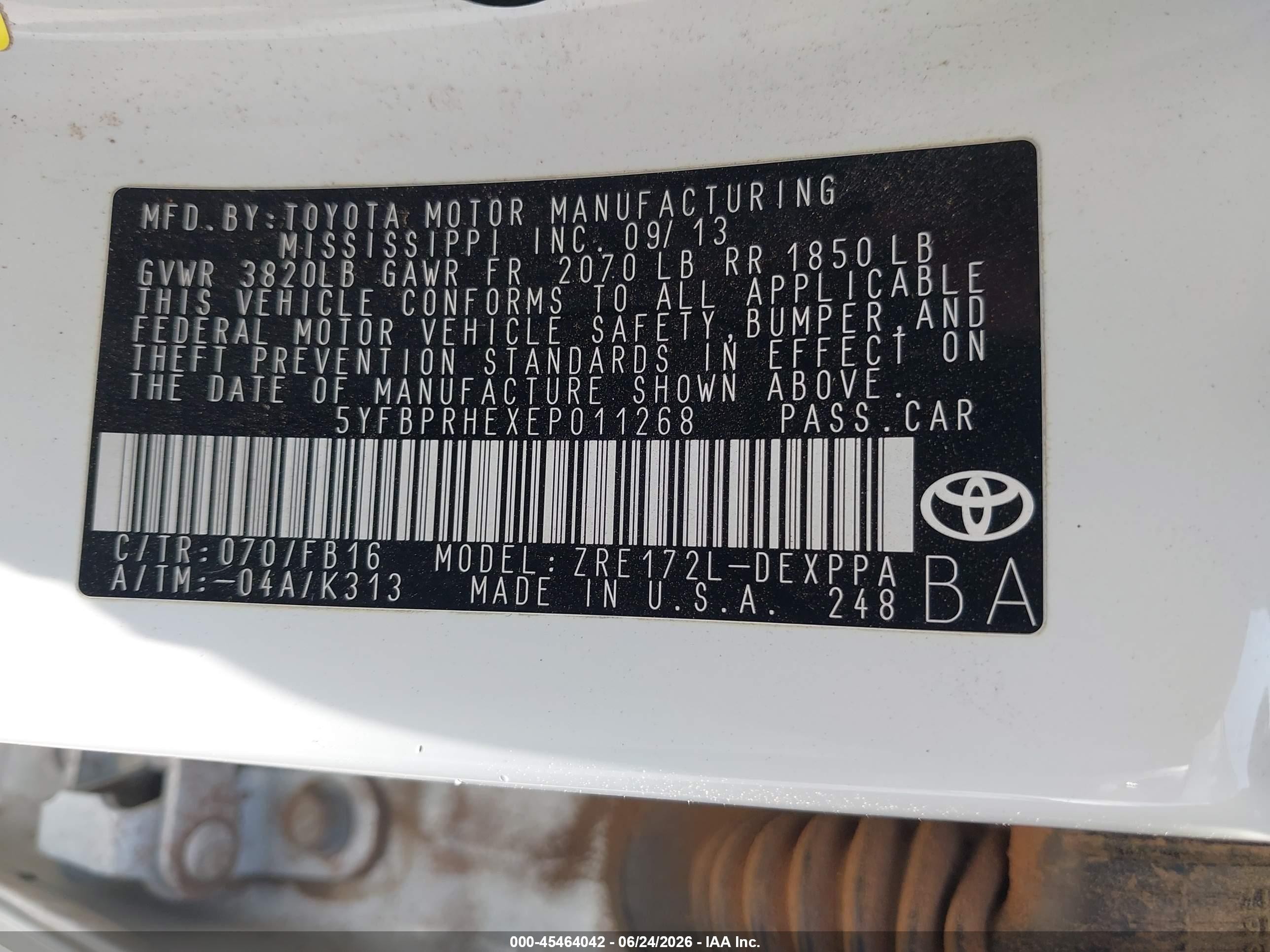 2014 Toyota Corolla Le Eco Plus White vin: 5YFBPRHEXEP011268