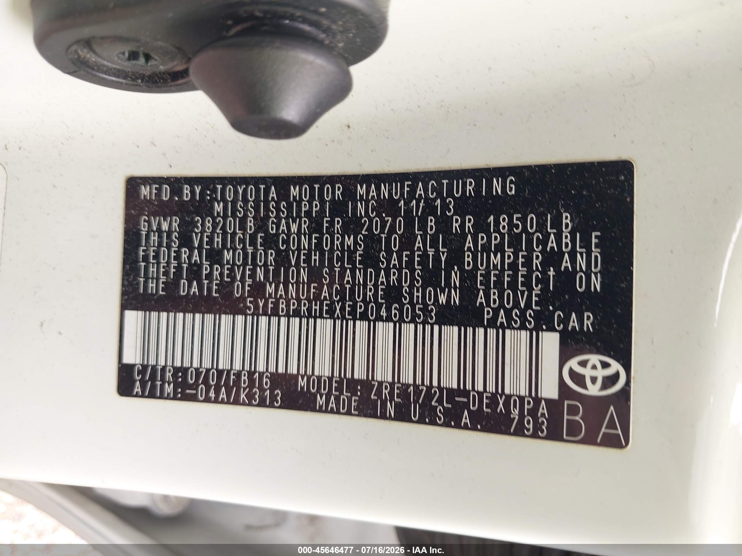 2014 Toyota Corolla Le Eco White vin: 5YFBPRHEXEP046053