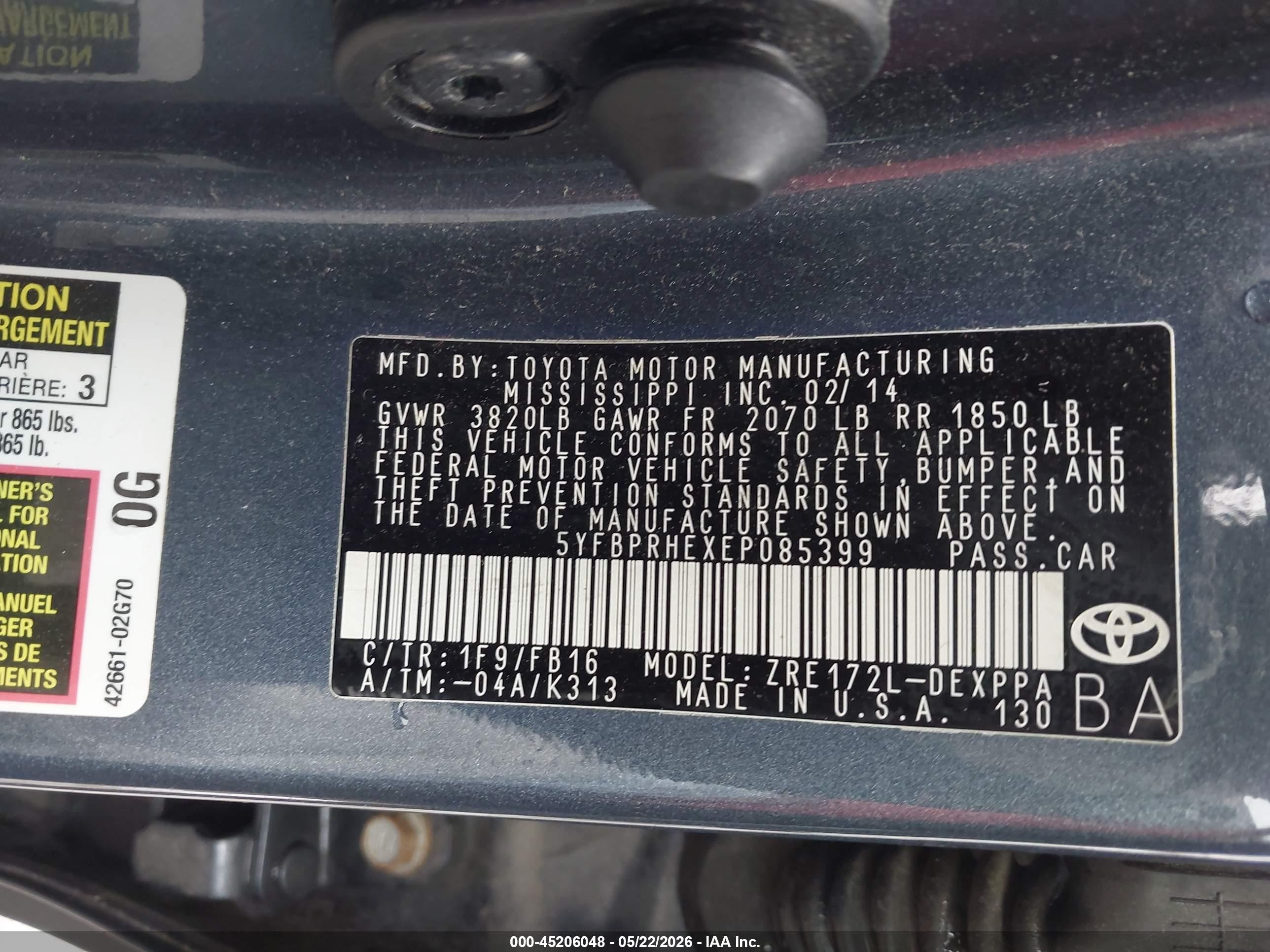 2014 Toyota Corolla Le Eco Plus Gray vin: 5YFBPRHEXEP085399