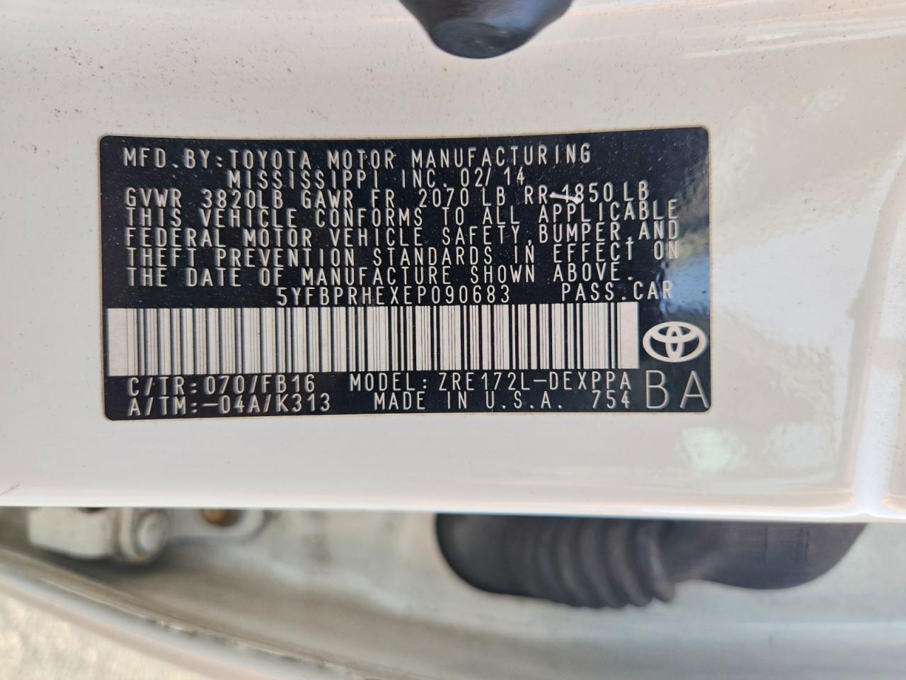 2014 Toyota Corolla Le Eco Plus Белый vin: 5YFBPRHEXEP090683