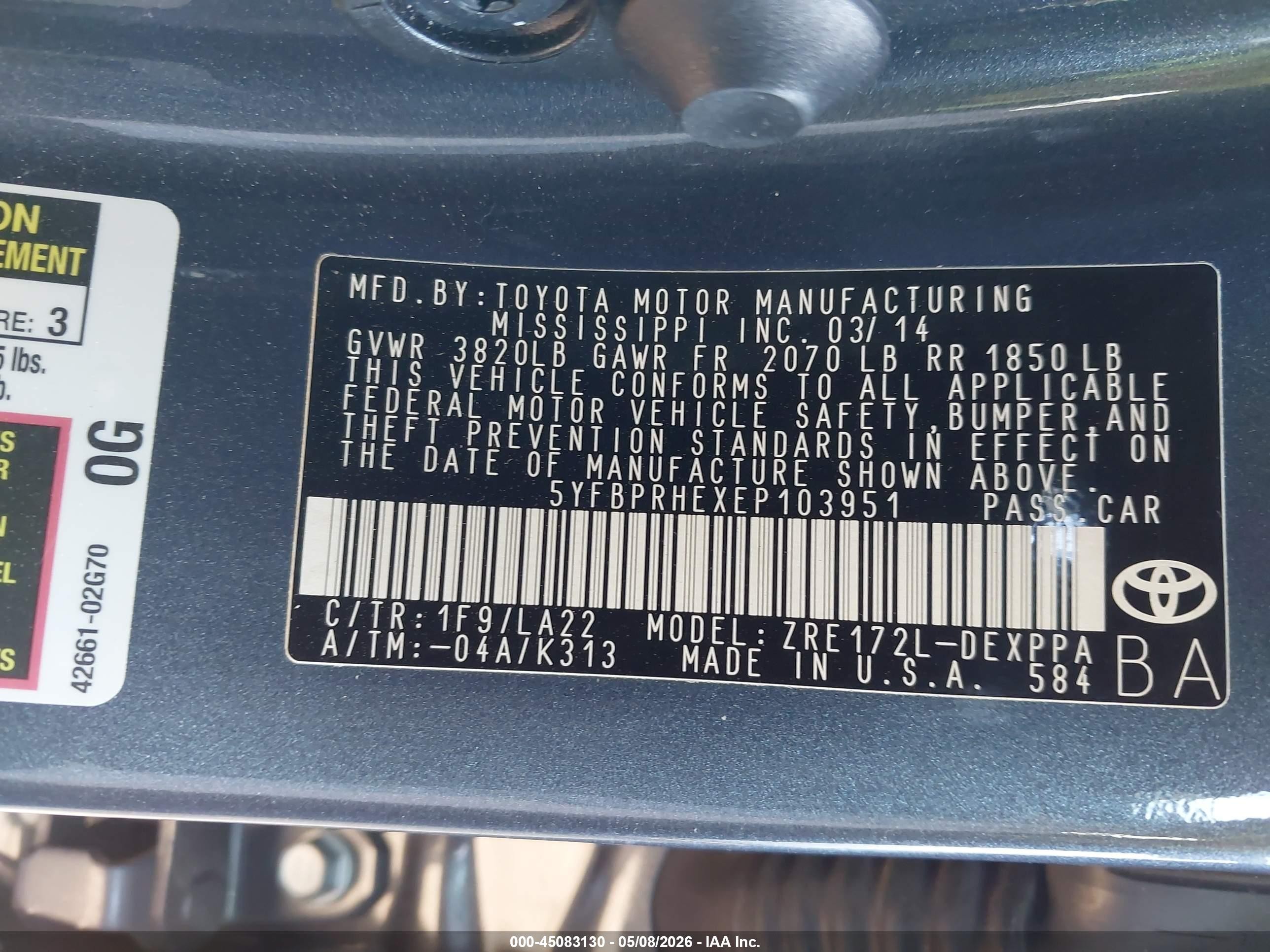 2014 Toyota Corolla Le Eco Premium Pewter vin: 5YFBPRHEXEP103951
