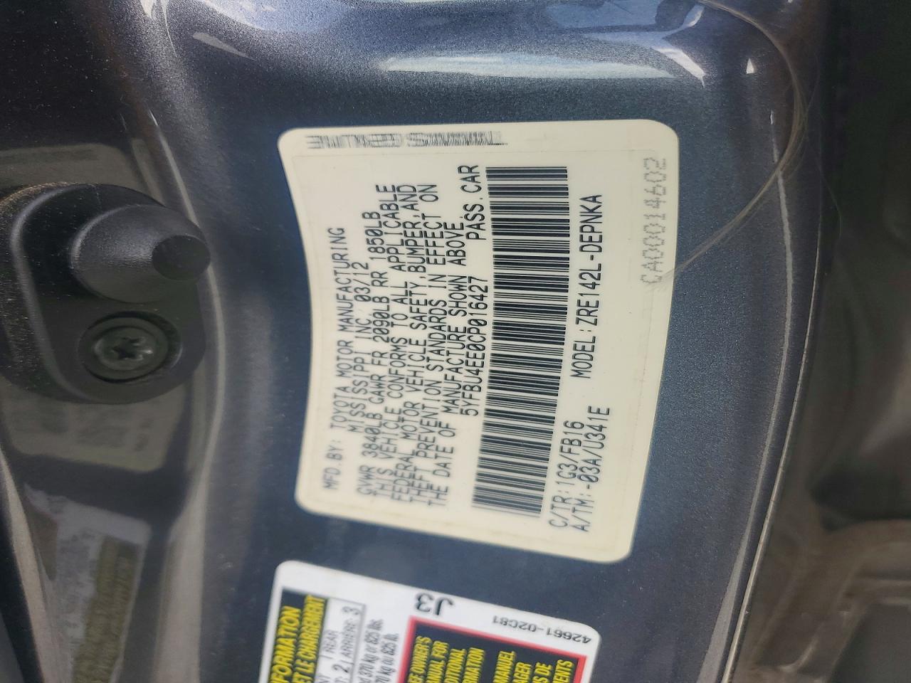2012 Toyota Corolla Le Gray vin: 5YFBU4EE0CP016427