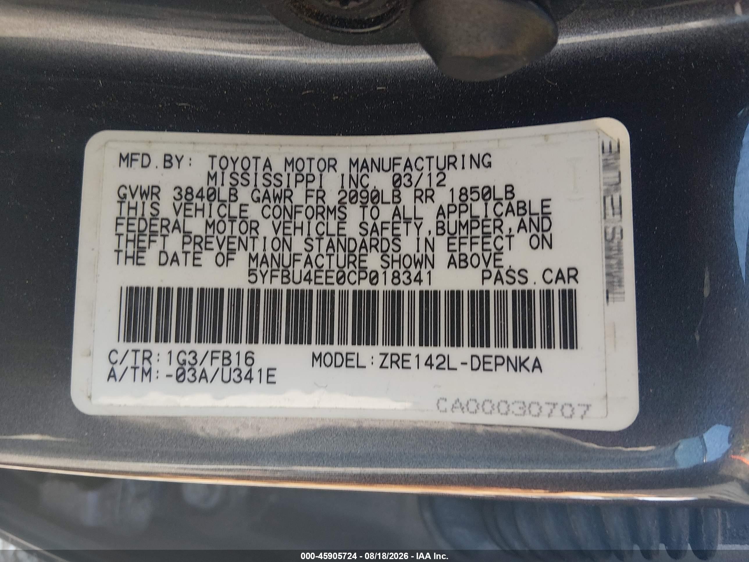 2012 Toyota Corolla Le Gray vin: 5YFBU4EE0CP018341