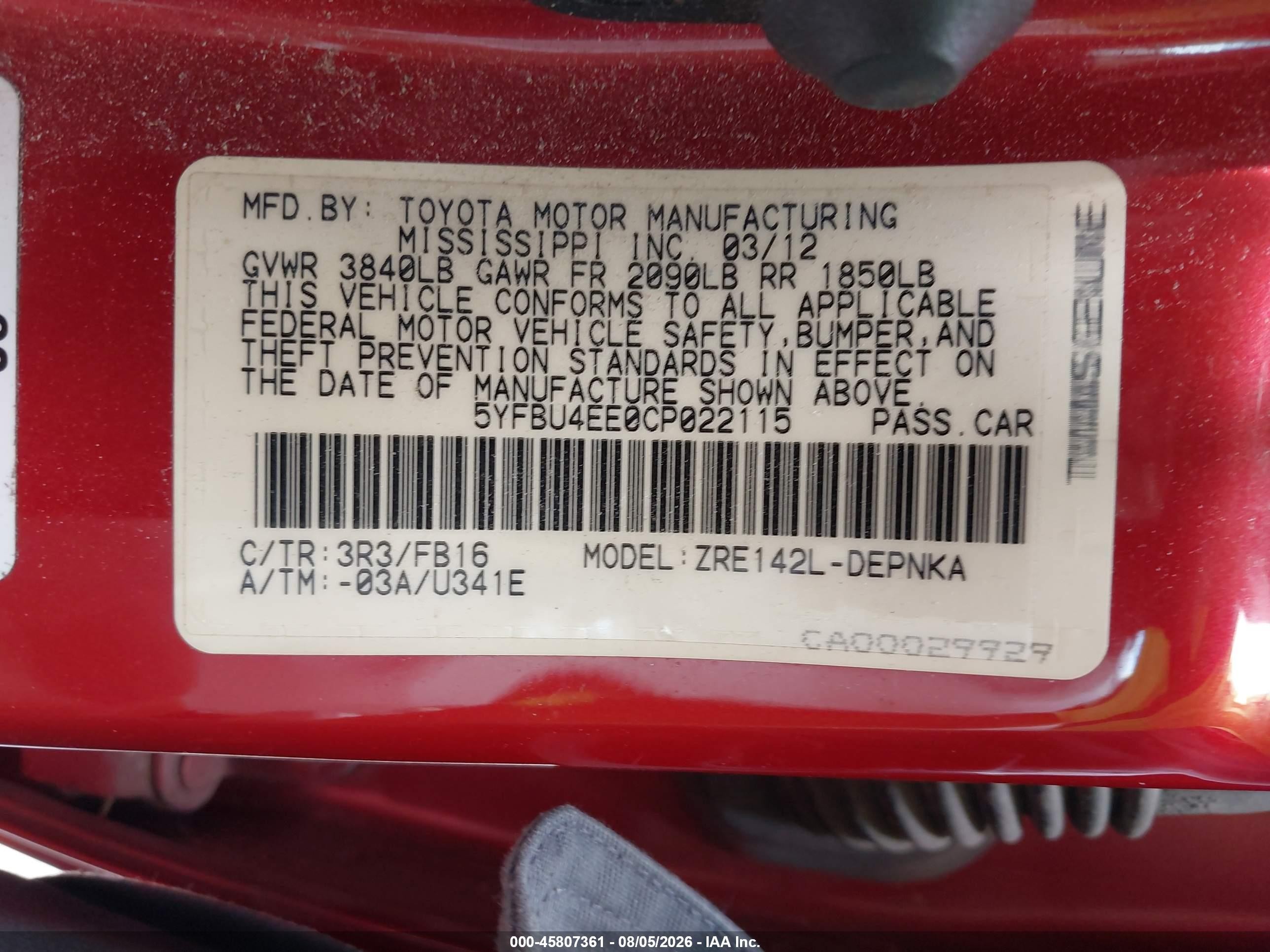 2012 Toyota Corolla Le Red vin: 5YFBU4EE0CP022115