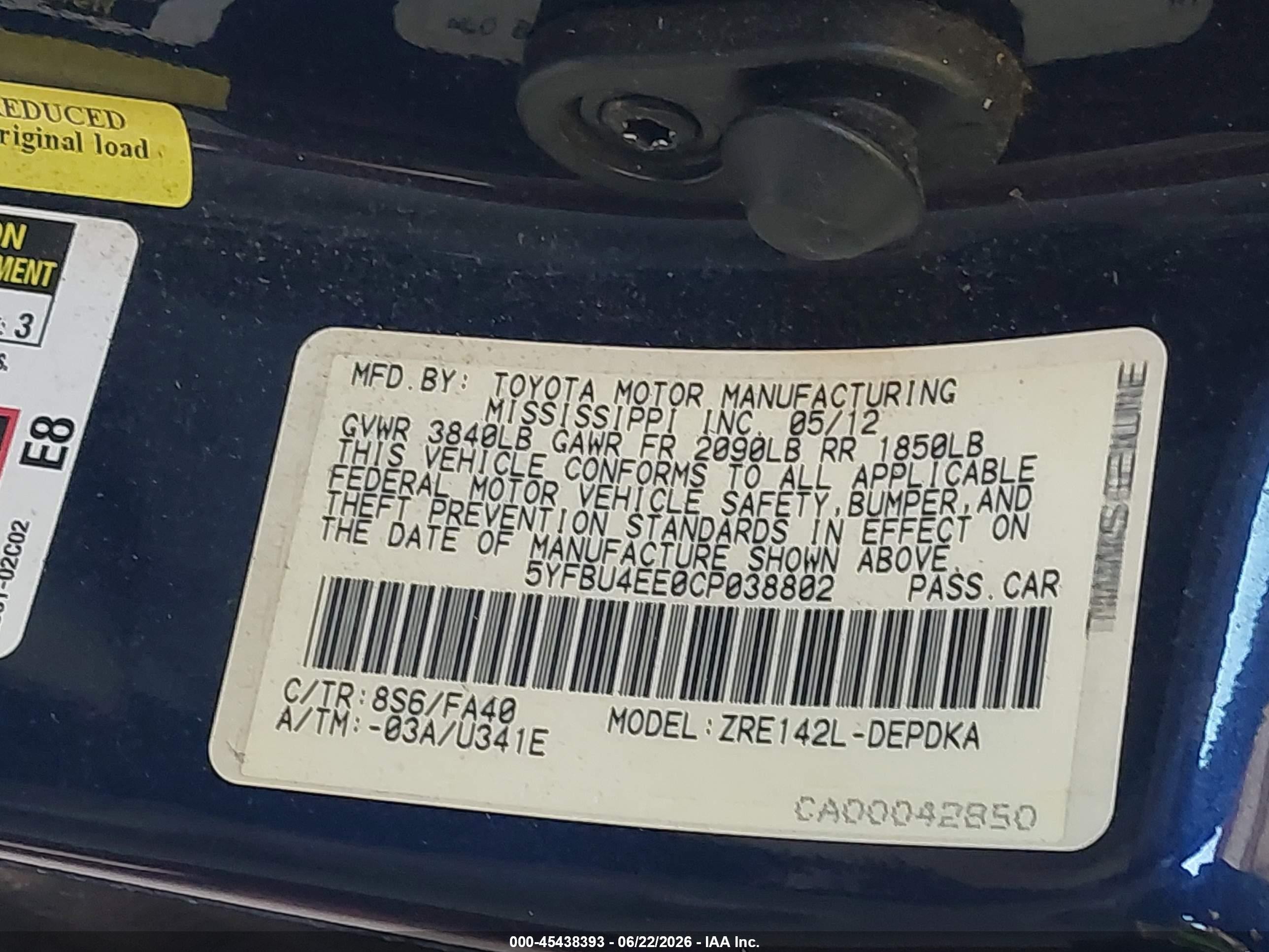 2012 Toyota Corolla L Blue vin: 5YFBU4EE0CP038802