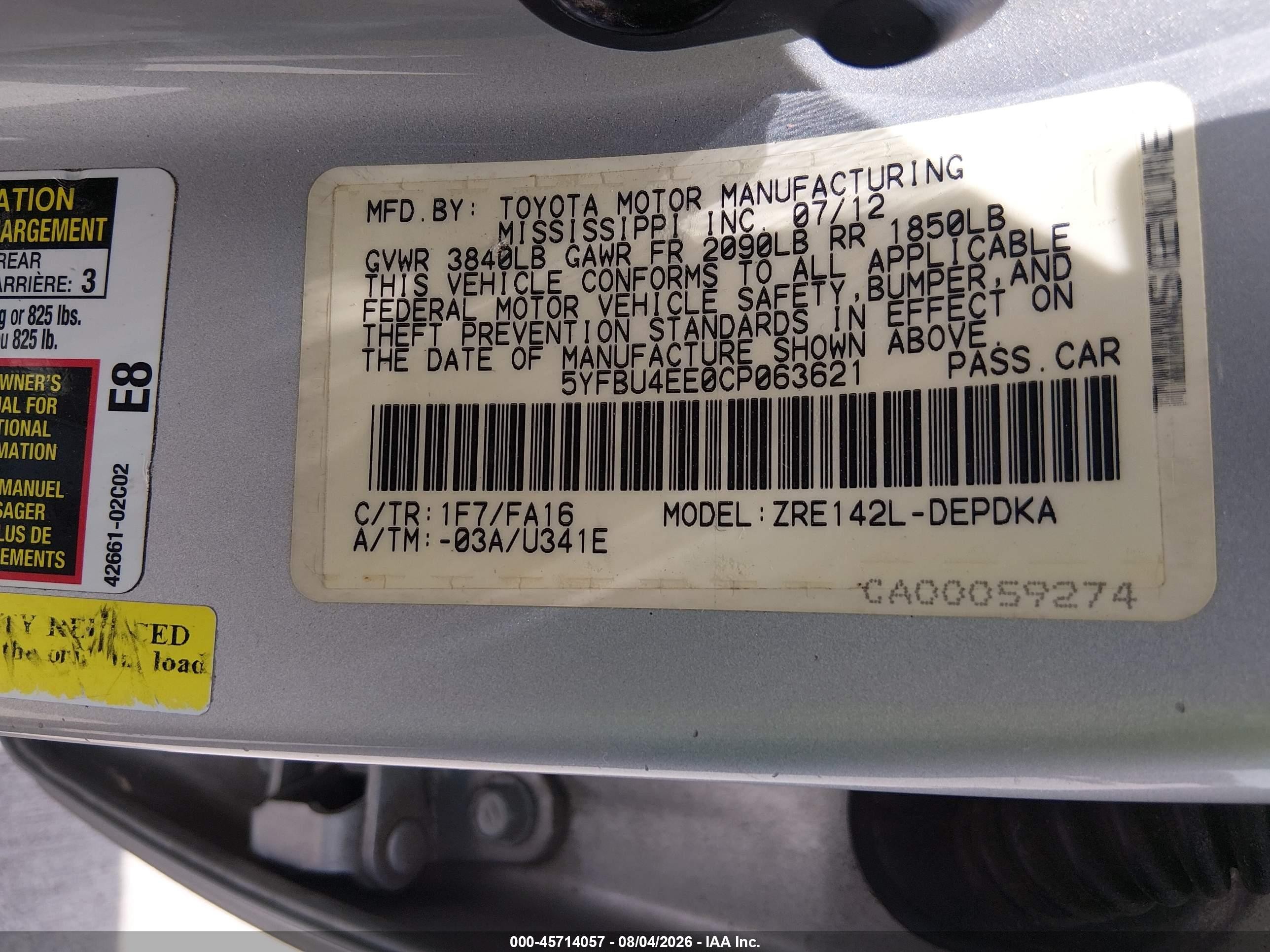 2012 Toyota Corolla L Silver vin: 5YFBU4EE0CP063621