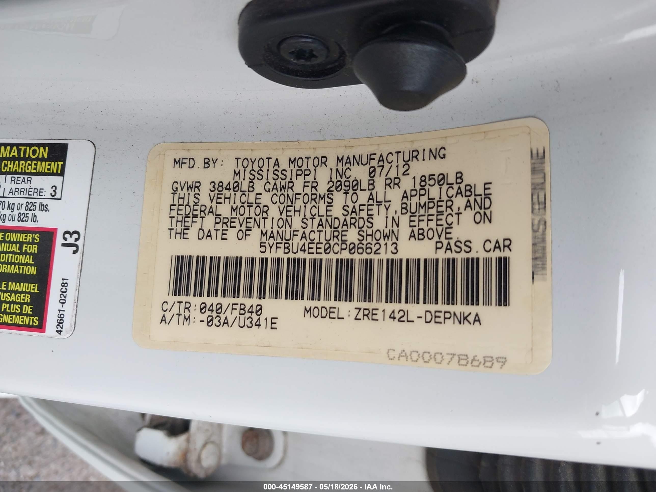 2012 Toyota Corolla Le White vin: 5YFBU4EE0CP066213