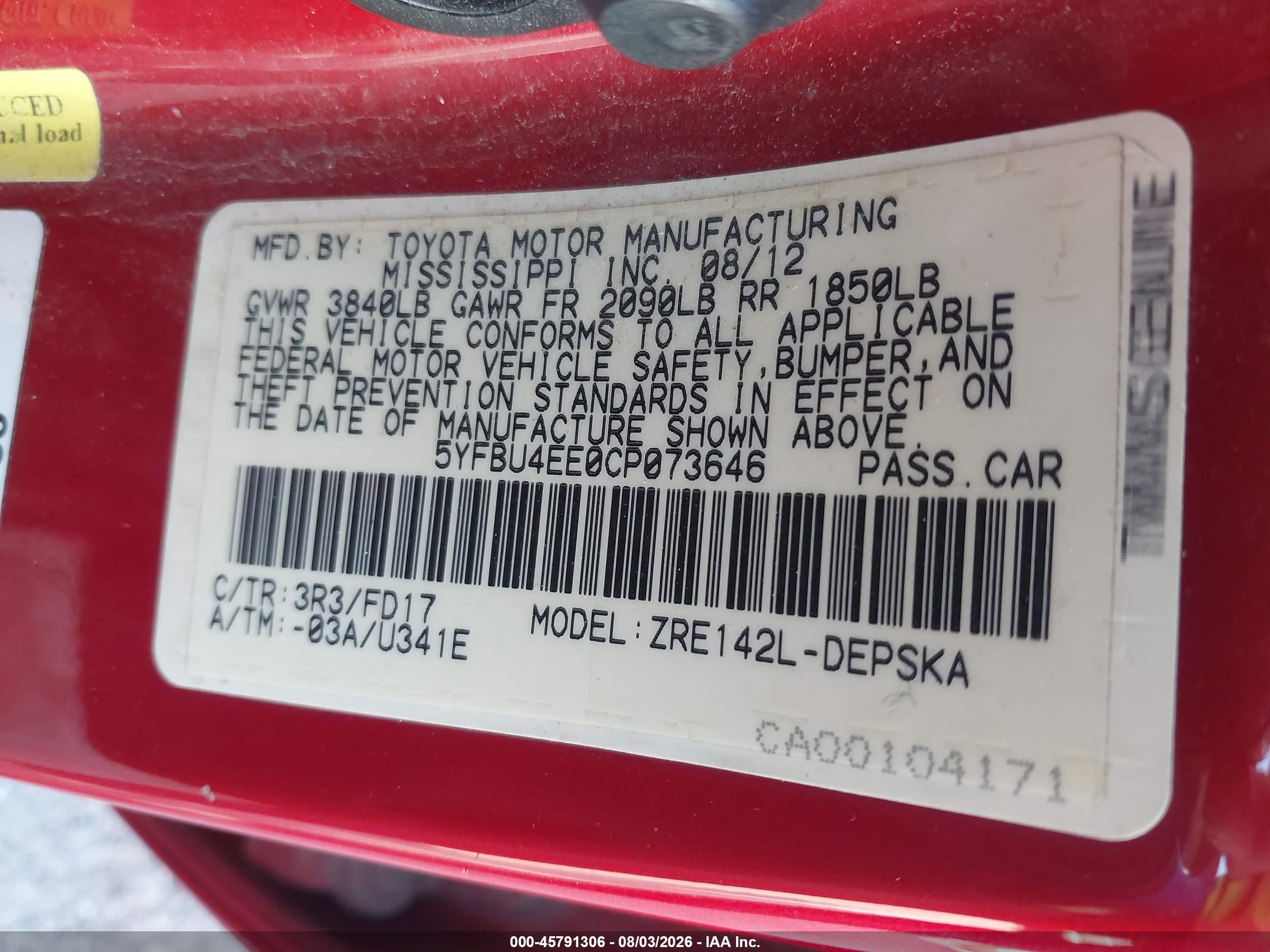 2012 Toyota Corolla S Red vin: 5YFBU4EE0CP073646