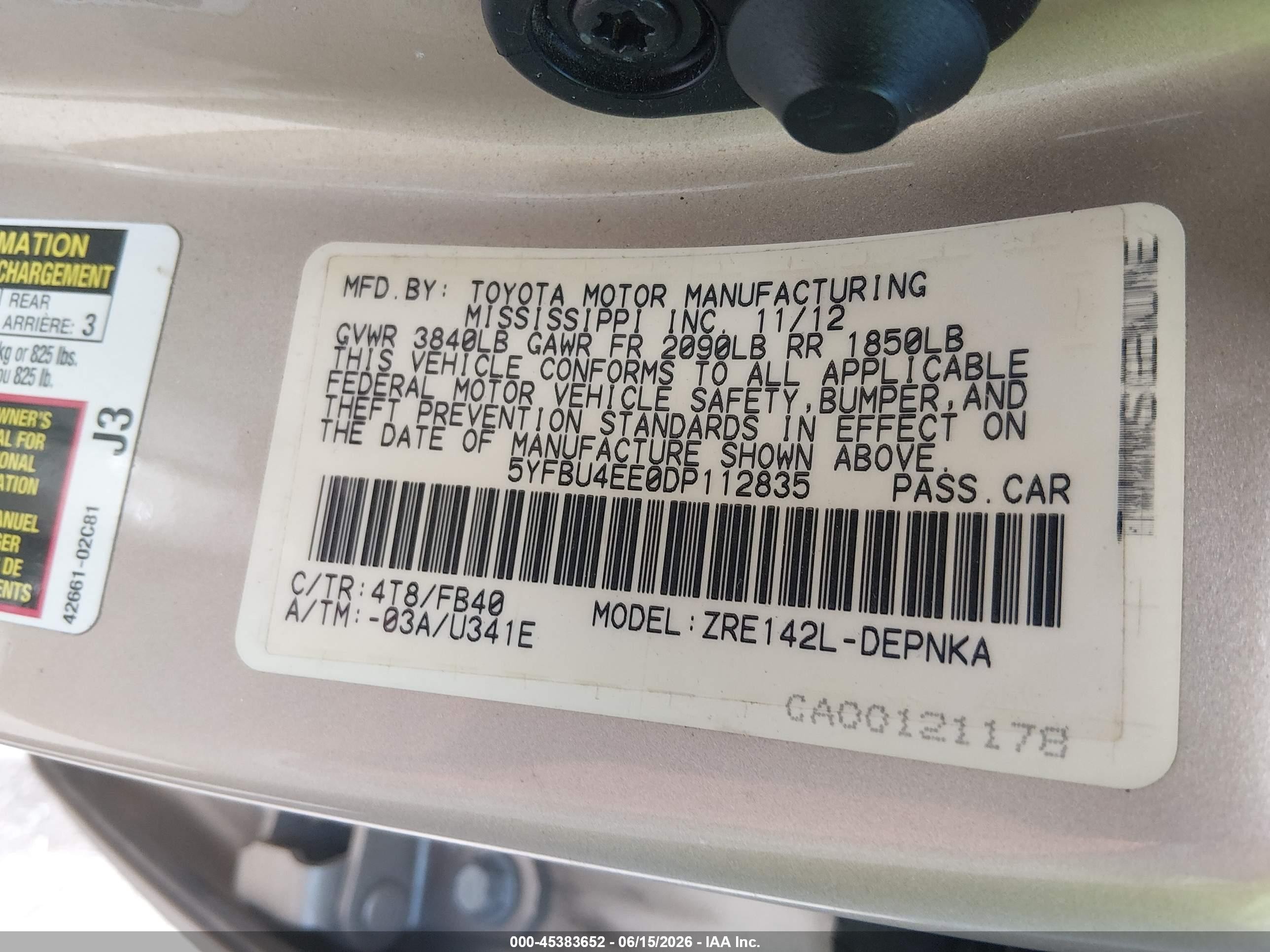 2013 Toyota Corolla Le Gold vin: 5YFBU4EE0DP112835