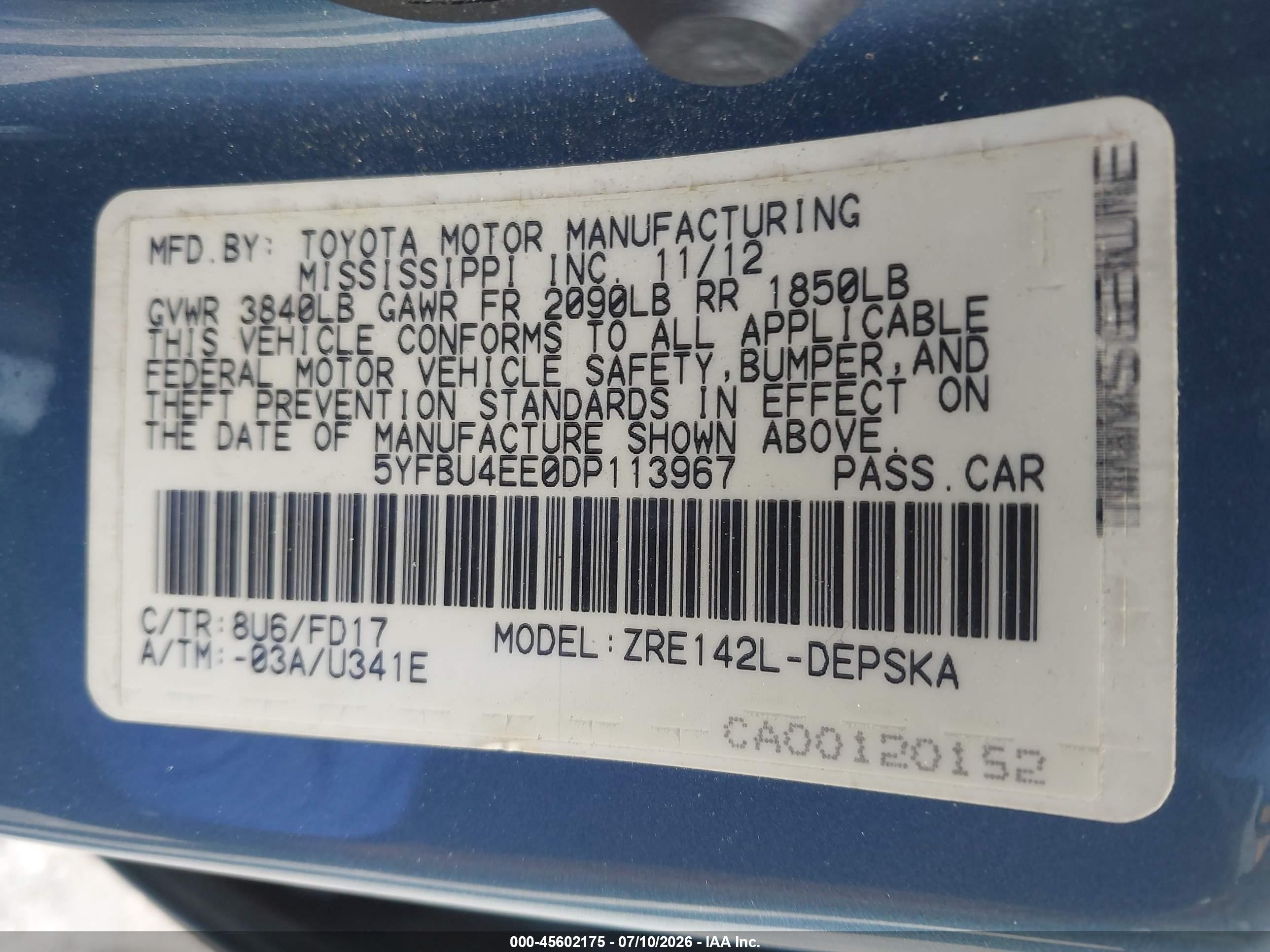 2013 Toyota Corolla S Синий vin: 5YFBU4EE0DP113967