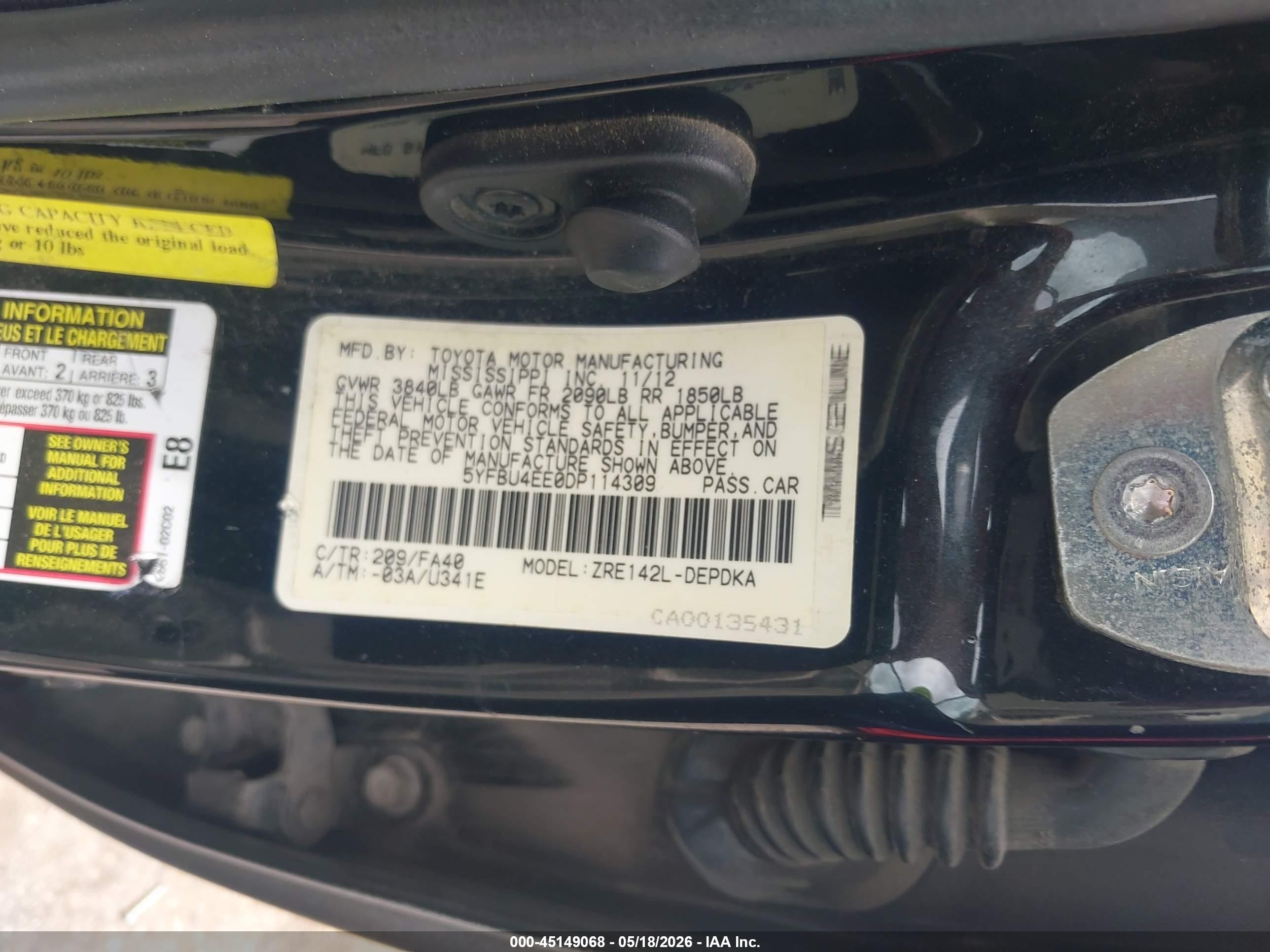 2013 Toyota Corolla L Black vin: 5YFBU4EE0DP114309