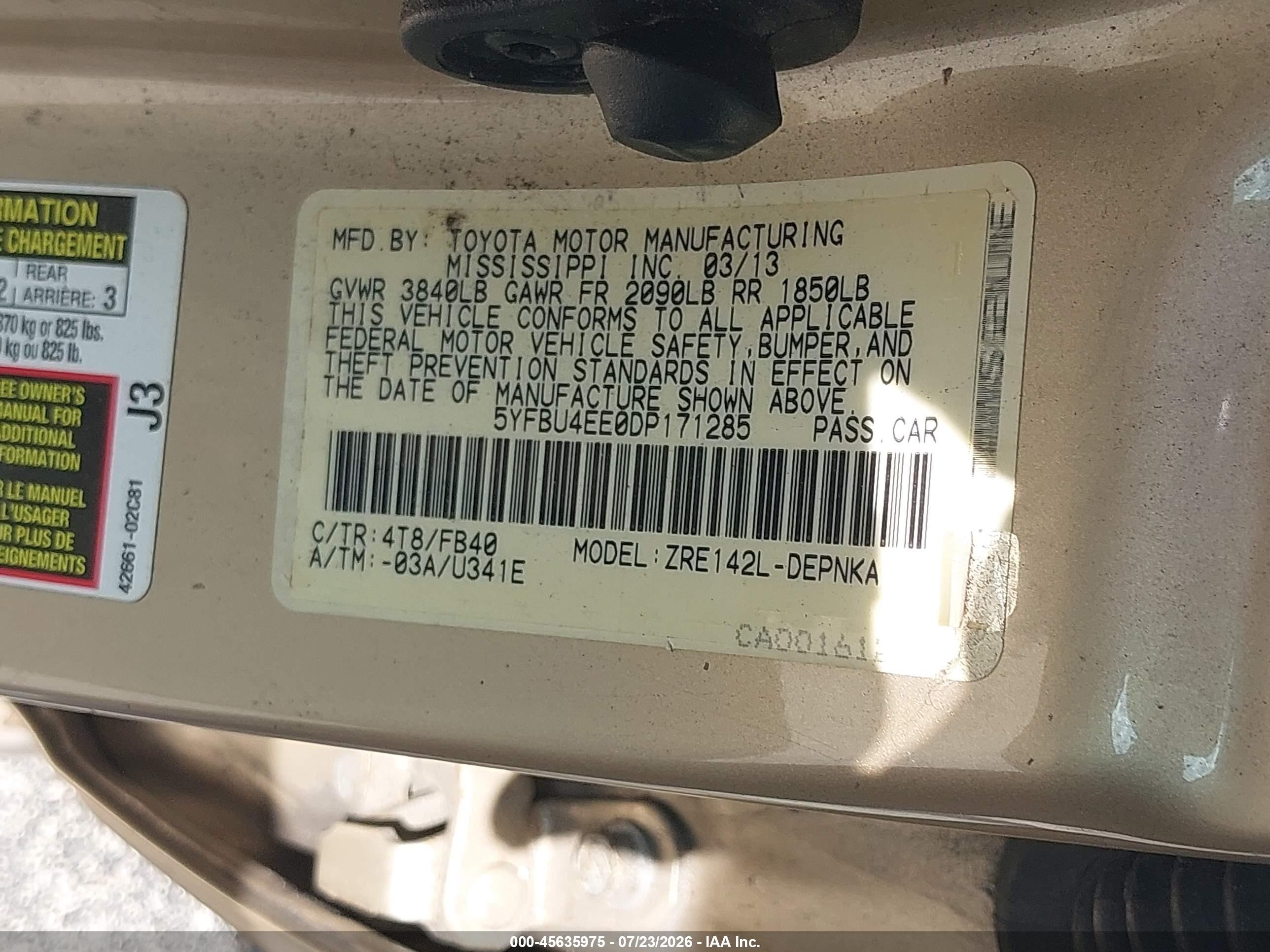 2013 Toyota Corolla Le Золотой vin: 5YFBU4EE0DP171285