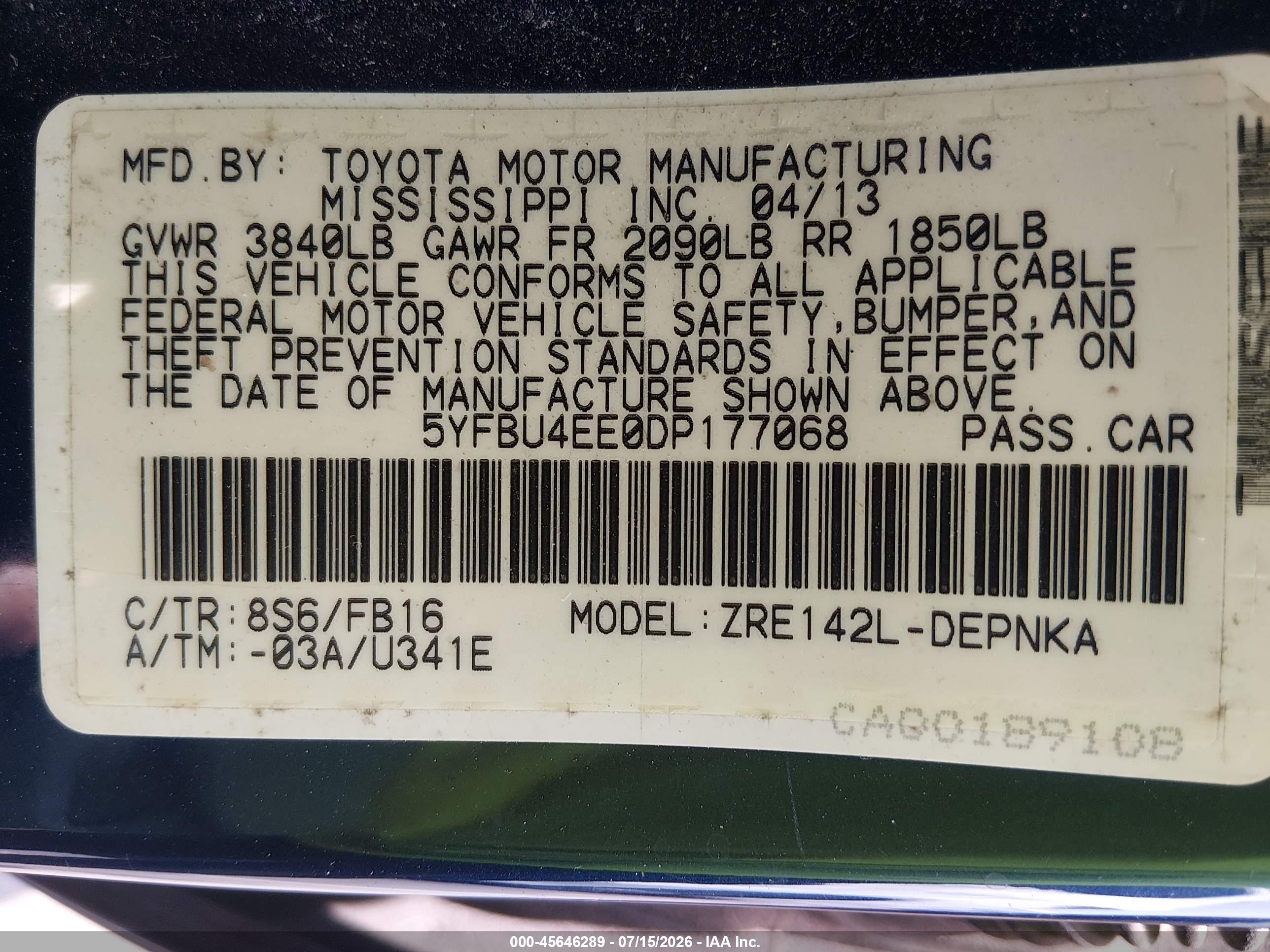 2013 Toyota Corolla Le Blue vin: 5YFBU4EE0DP177068