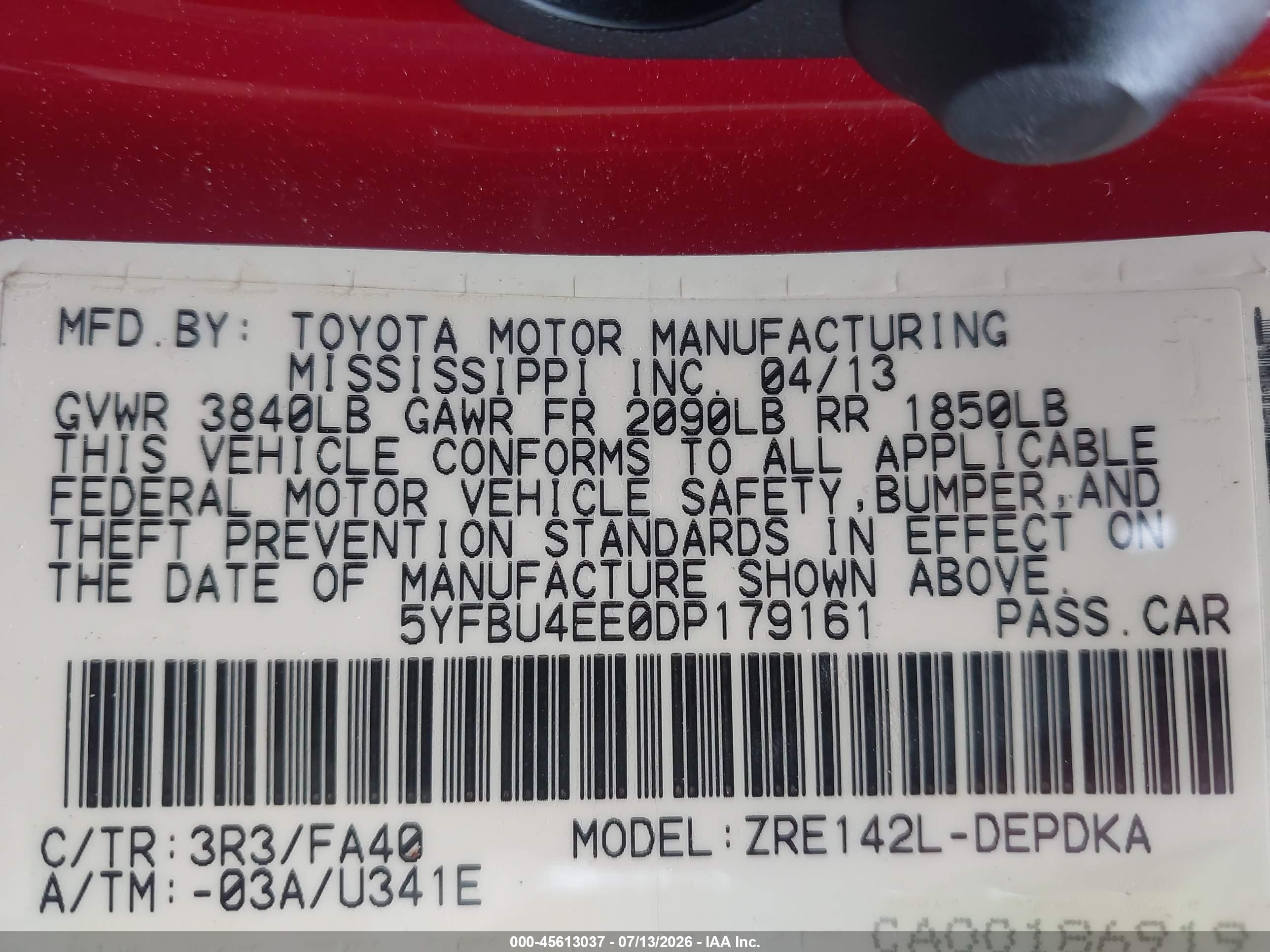 2013 Toyota Corolla L Red vin: 5YFBU4EE0DP179161