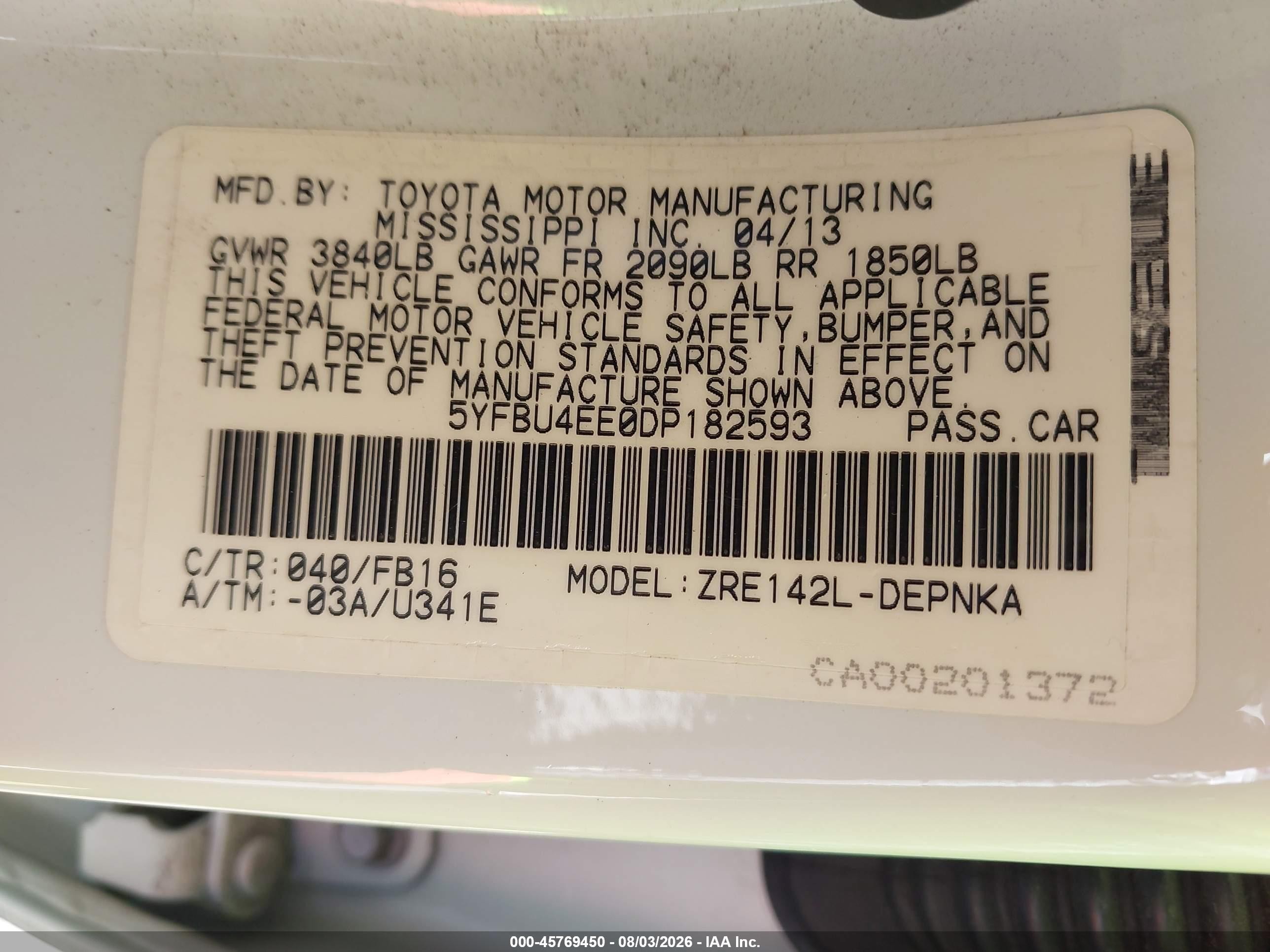 2013 Toyota Corolla Le Белый vin: 5YFBU4EE0DP182593