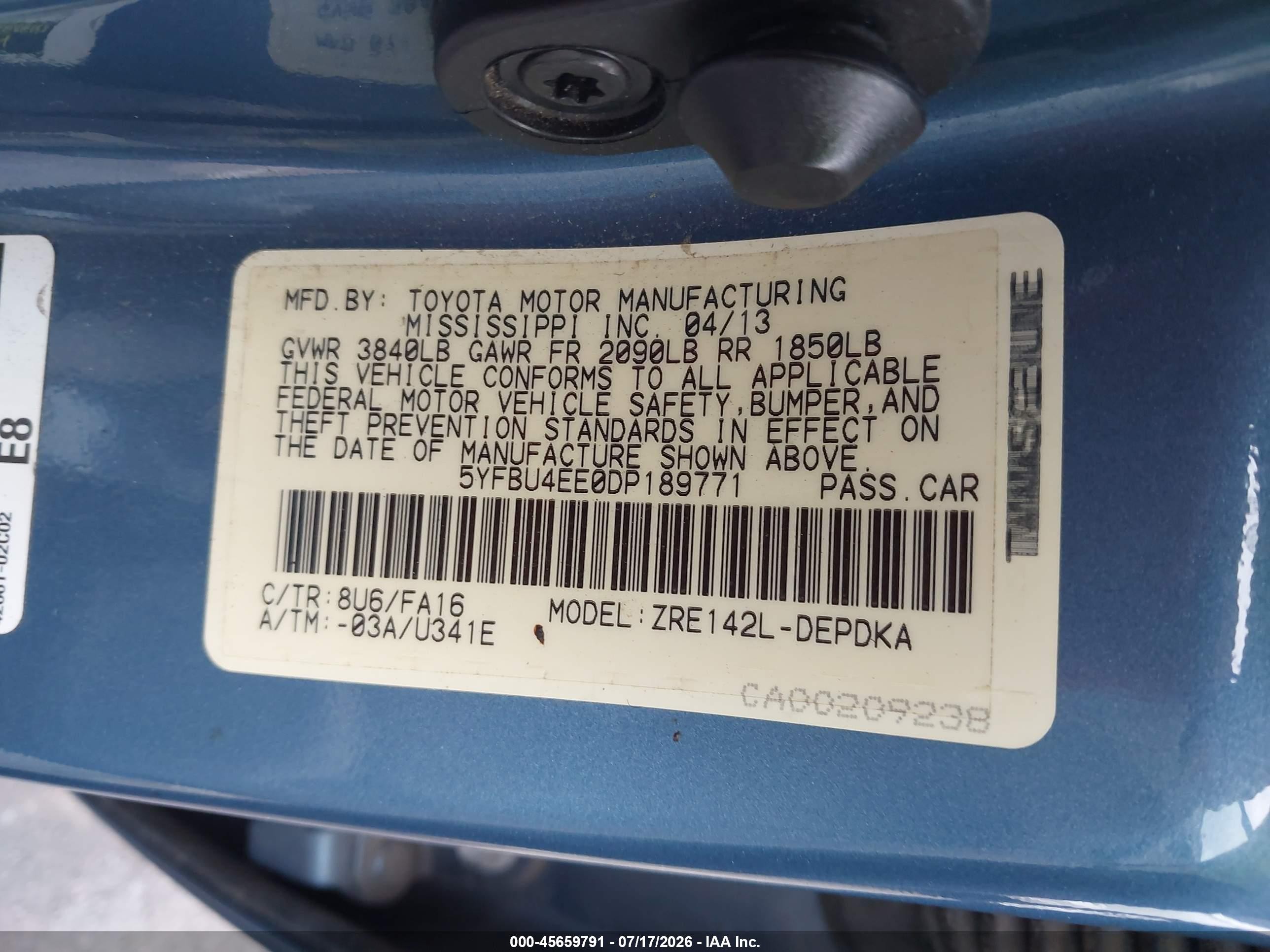 2013 Toyota Corolla L Blue vin: 5YFBU4EE0DP189771