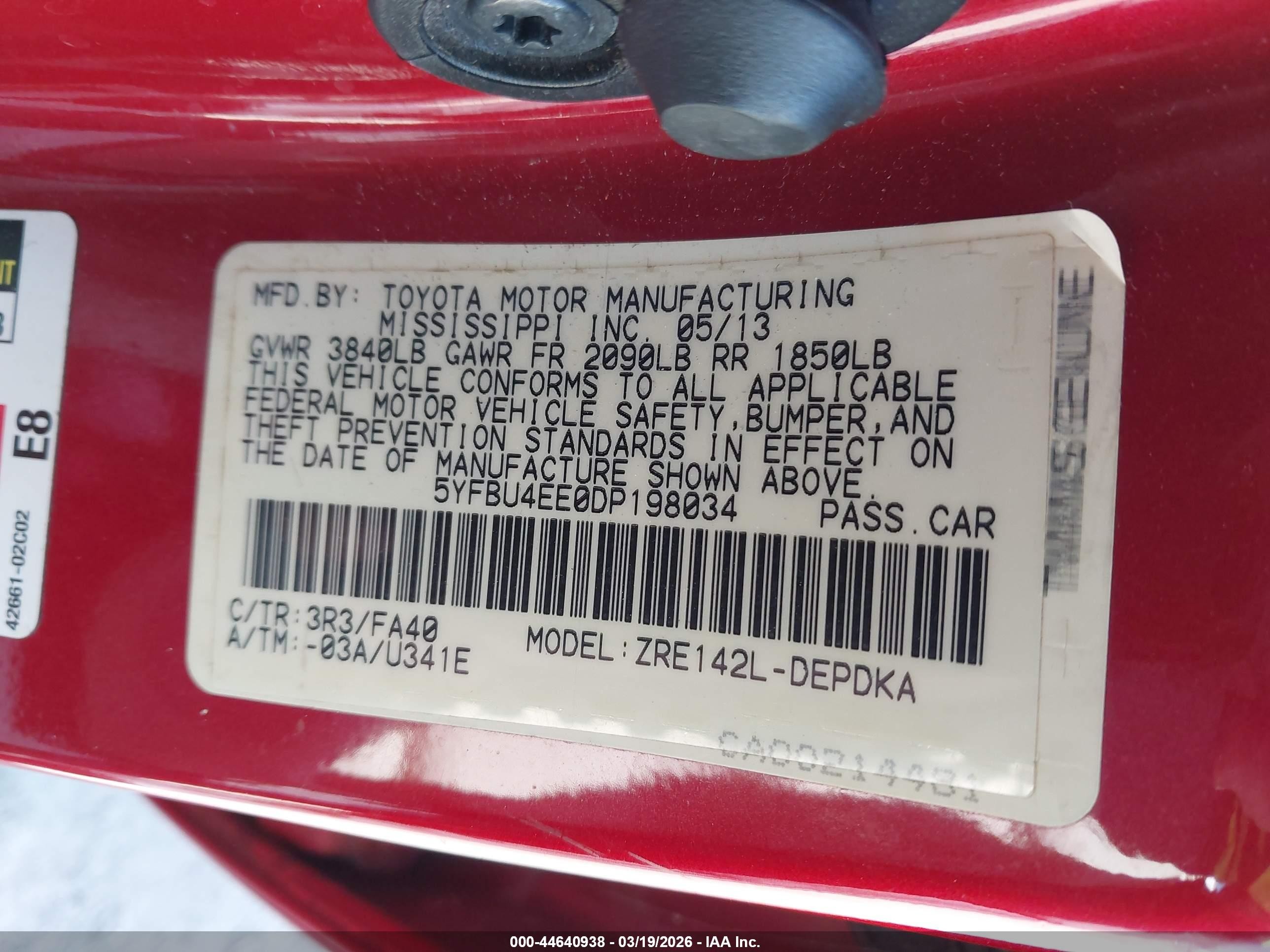 2013 Toyota Corolla L Red vin: 5YFBU4EE0DP198034