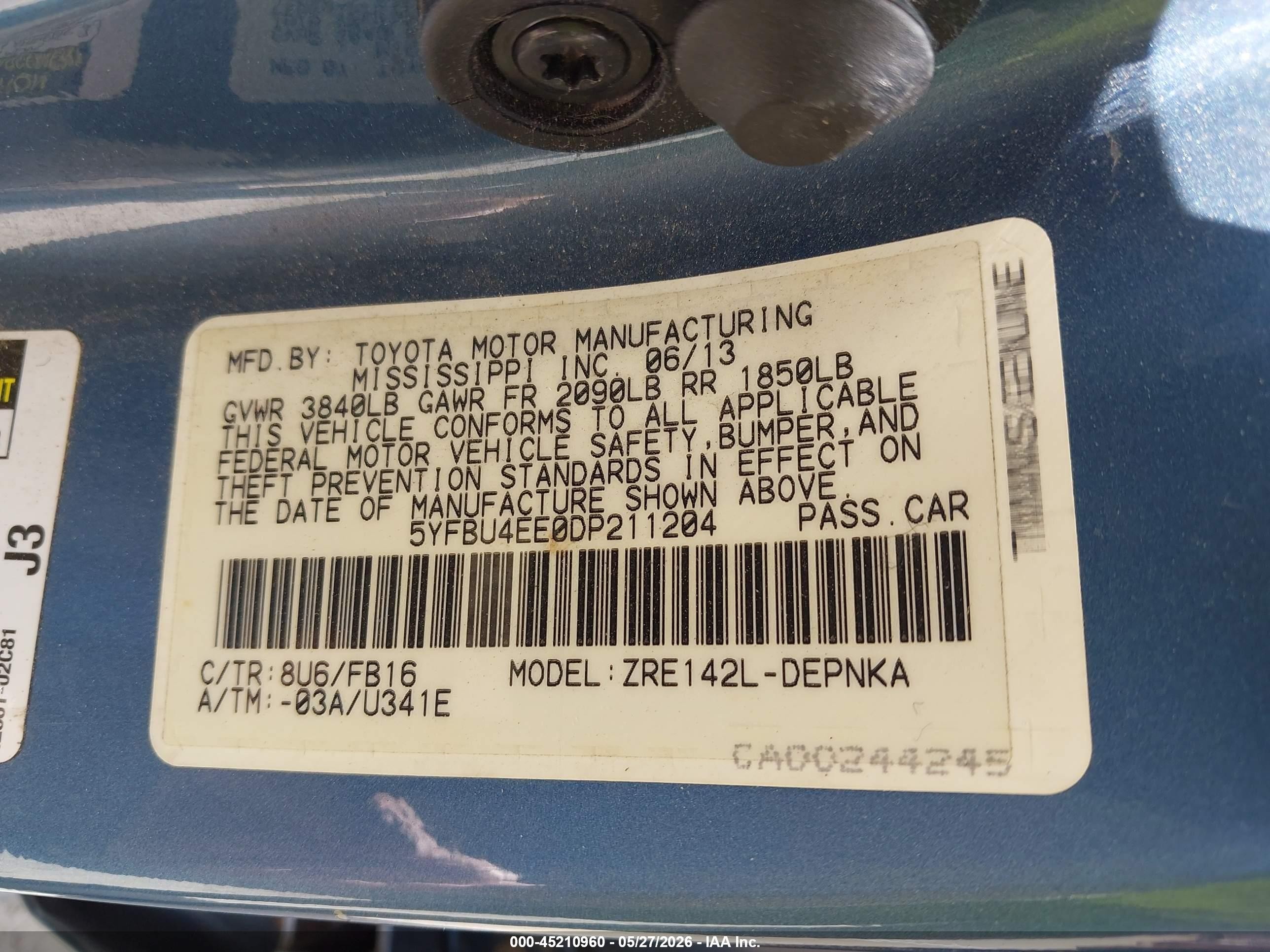 2013 Toyota Corolla Le Синий vin: 5YFBU4EE0DP211204