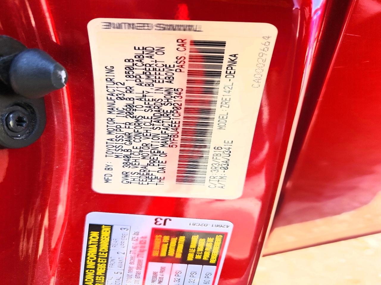 2012 Toyota Corolla Le Red vin: 5YFBU4EE1CP021345