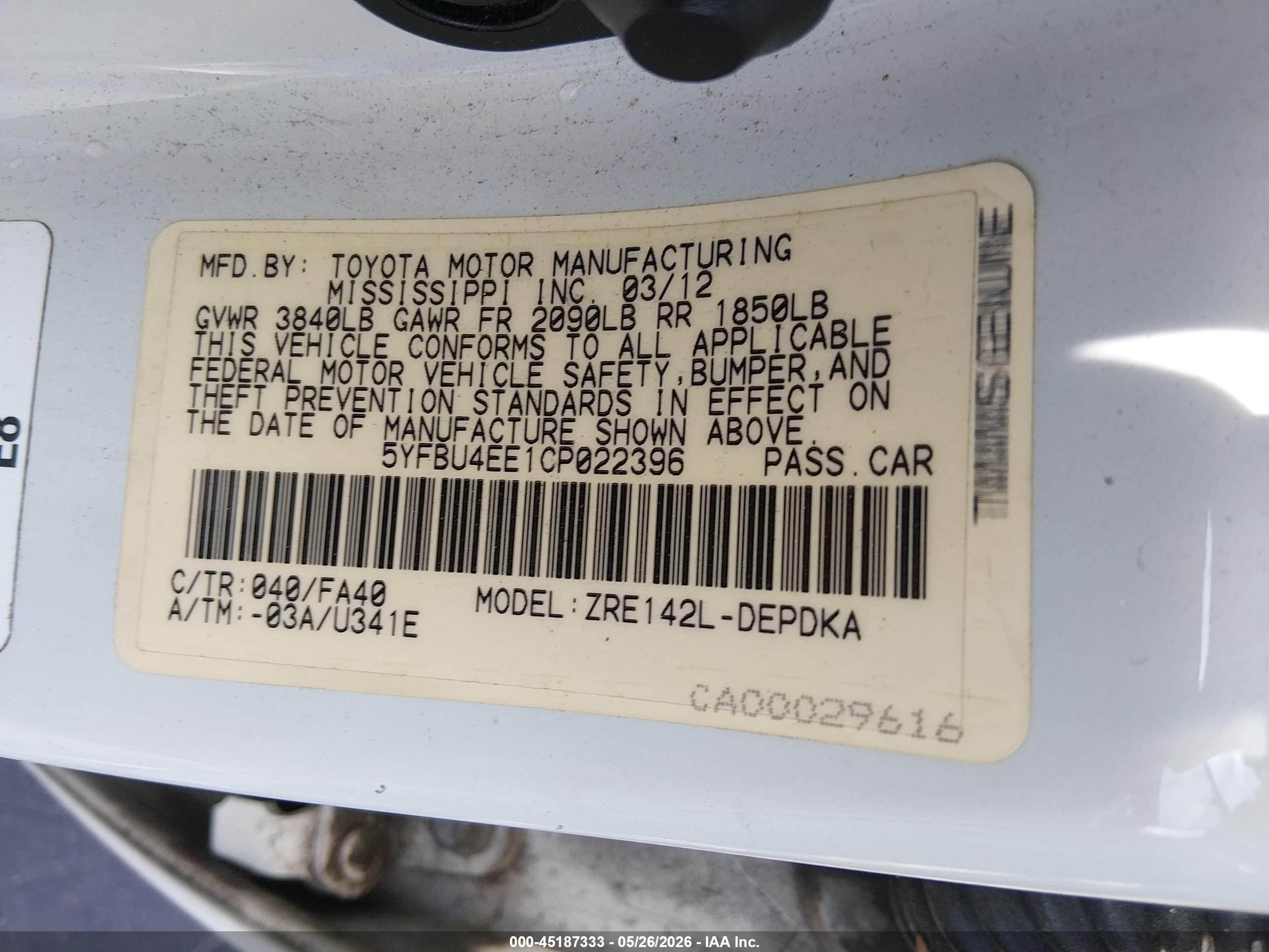 2012 Toyota Corolla L Белый vin: 5YFBU4EE1CP022396
