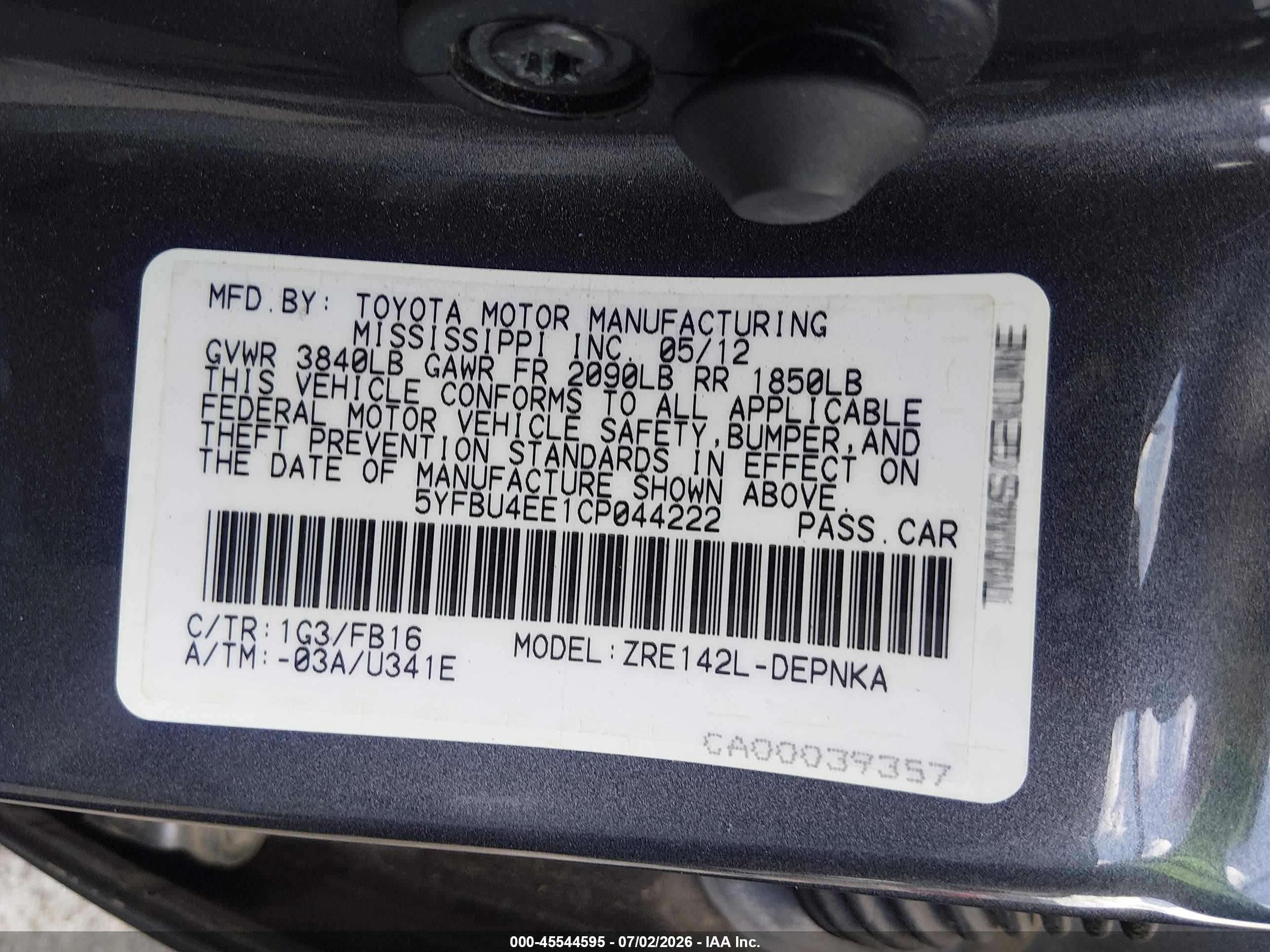 2012 Toyota Corolla Le Gray vin: 5YFBU4EE1CP044222
