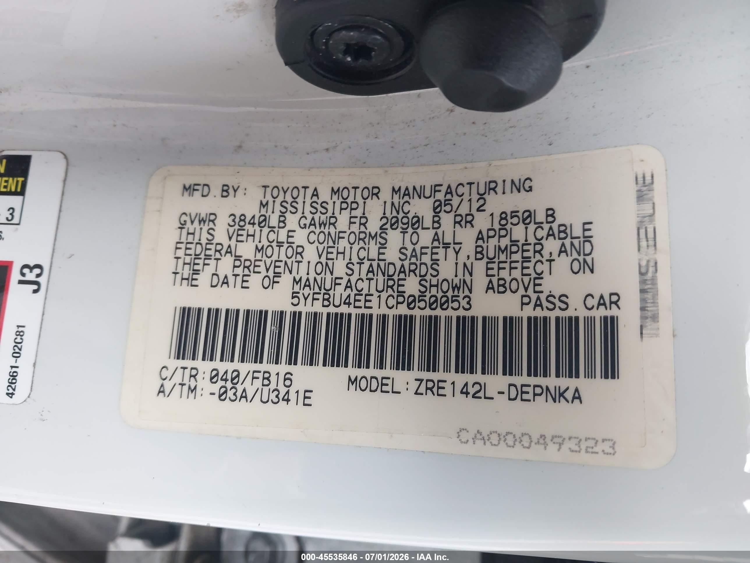 2012 Toyota Corolla Le White vin: 5YFBU4EE1CP050053