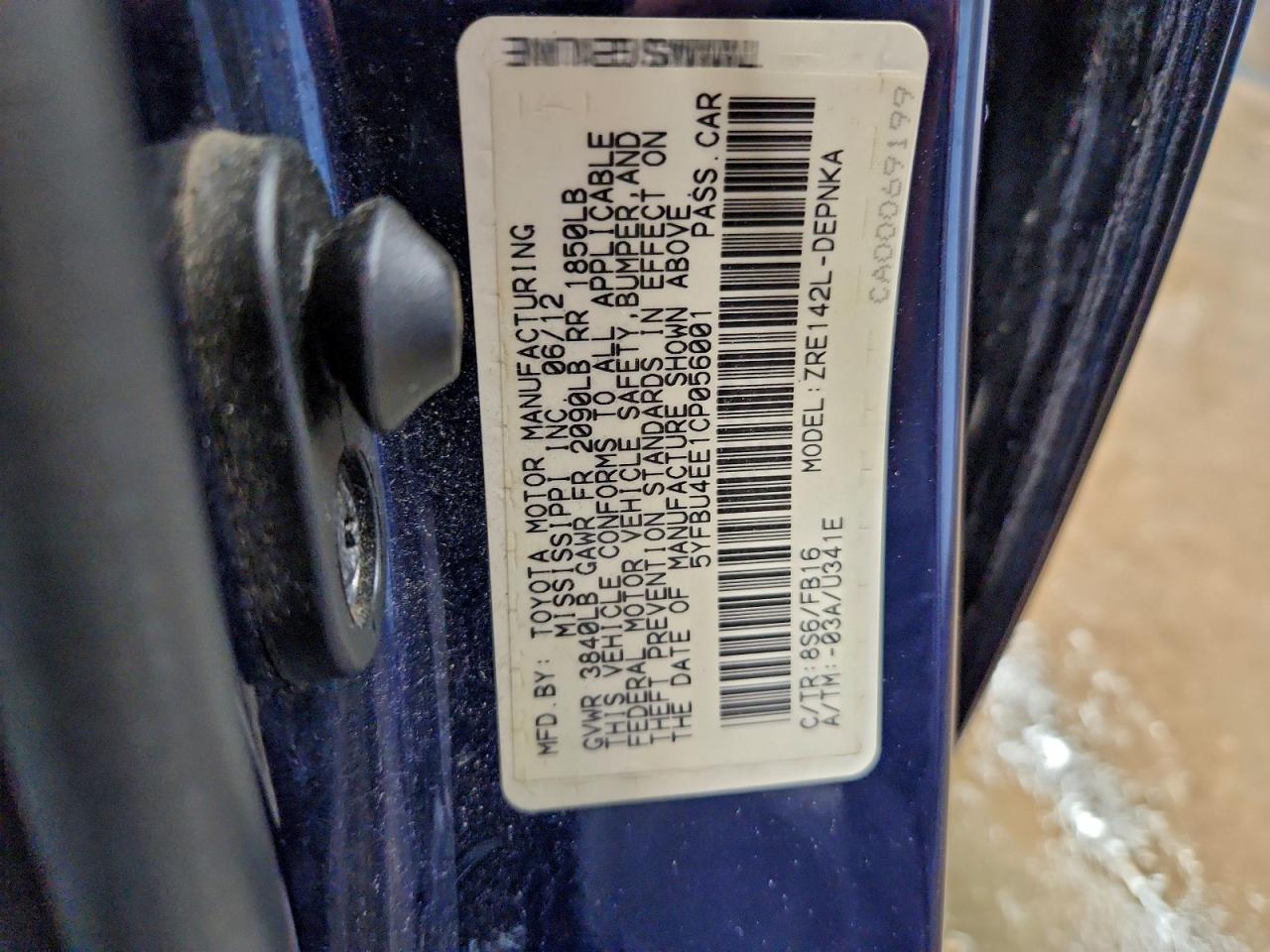 2012 Toyota Corolla Base Blue vin: 5YFBU4EE1CP056001
