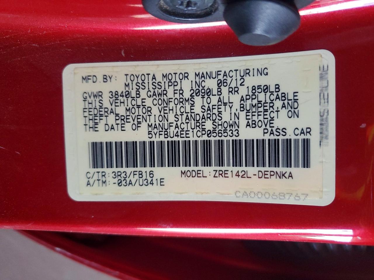 2012 Toyota Corolla Le Red vin: 5YFBU4EE1CP056533