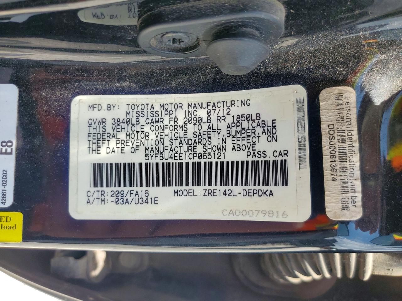 2012 Toyota Corolla L Black vin: 5YFBU4EE1CP065121