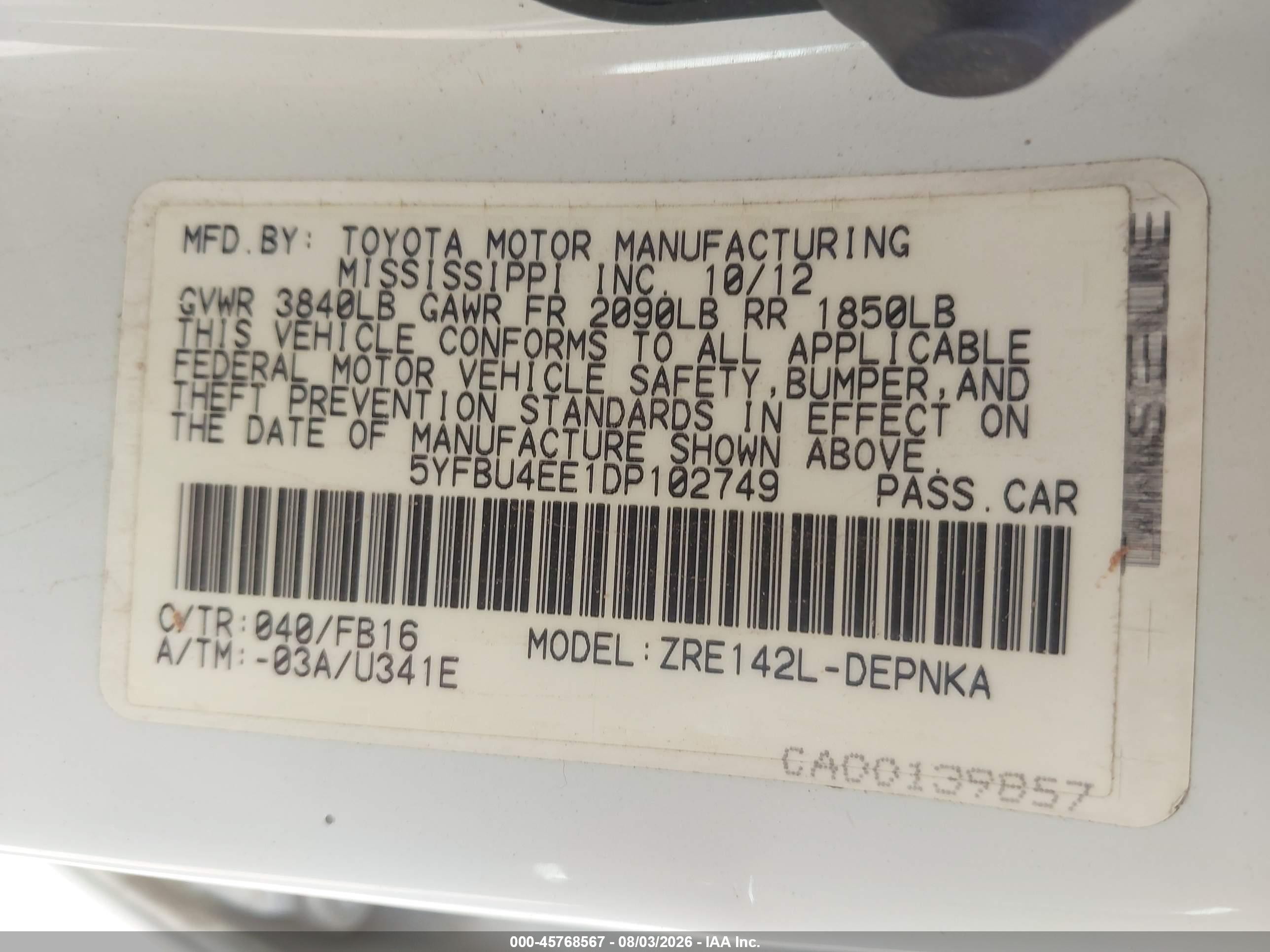 2013 Toyota Corolla Le White vin: 5YFBU4EE1DP102749