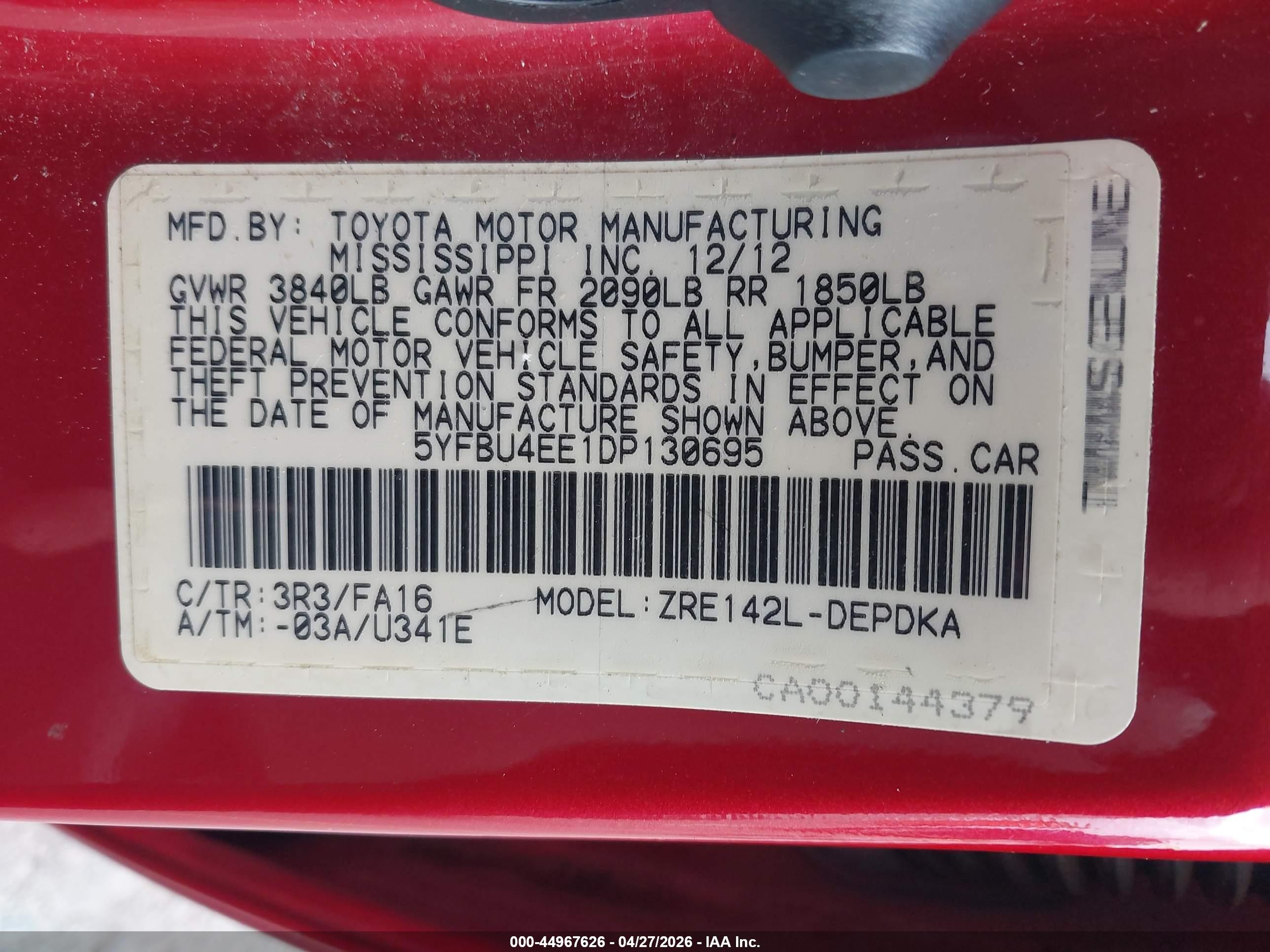 2013 Toyota Corolla L Red vin: 5YFBU4EE1DP130695