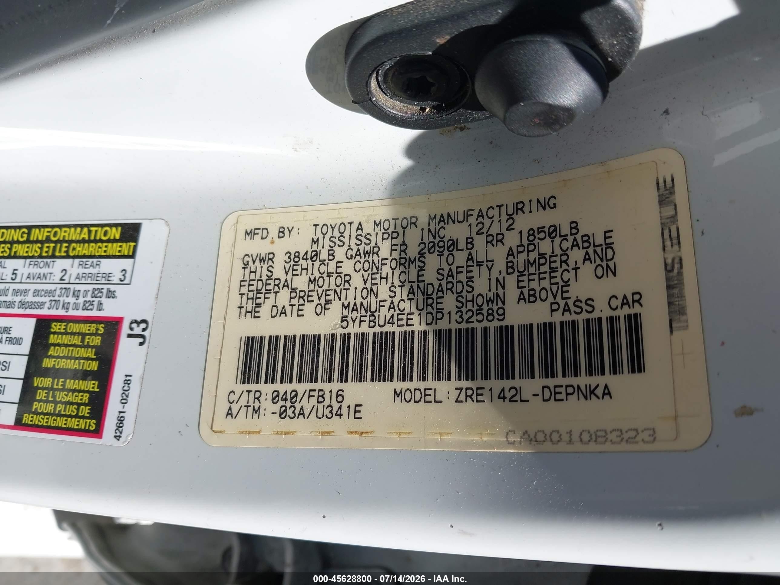 2013 Toyota Corolla Le White vin: 5YFBU4EE1DP132589