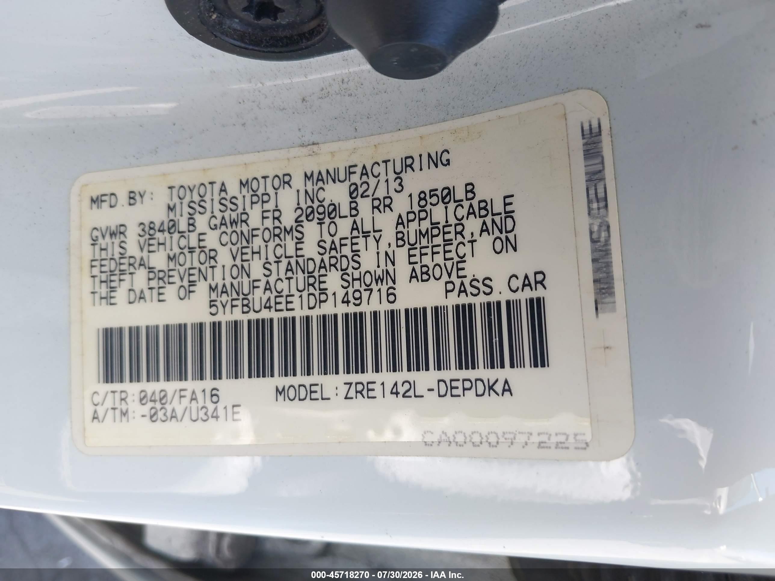 2013 Toyota Corolla L Белый vin: 5YFBU4EE1DP149716