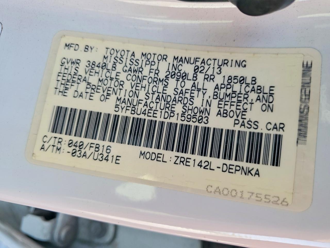 2013 Toyota Corolla White vin: 5YFBU4EE1DP159503
