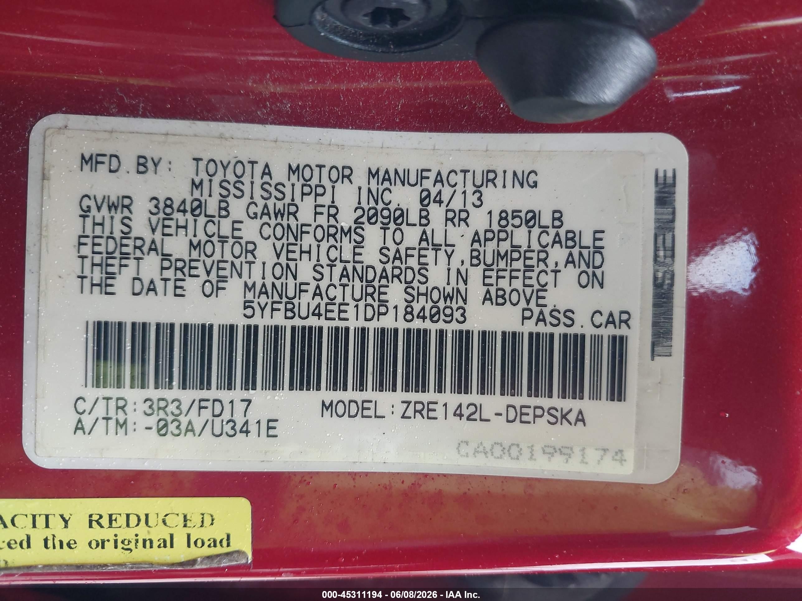 2013 Toyota Corolla S Red vin: 5YFBU4EE1DP184093